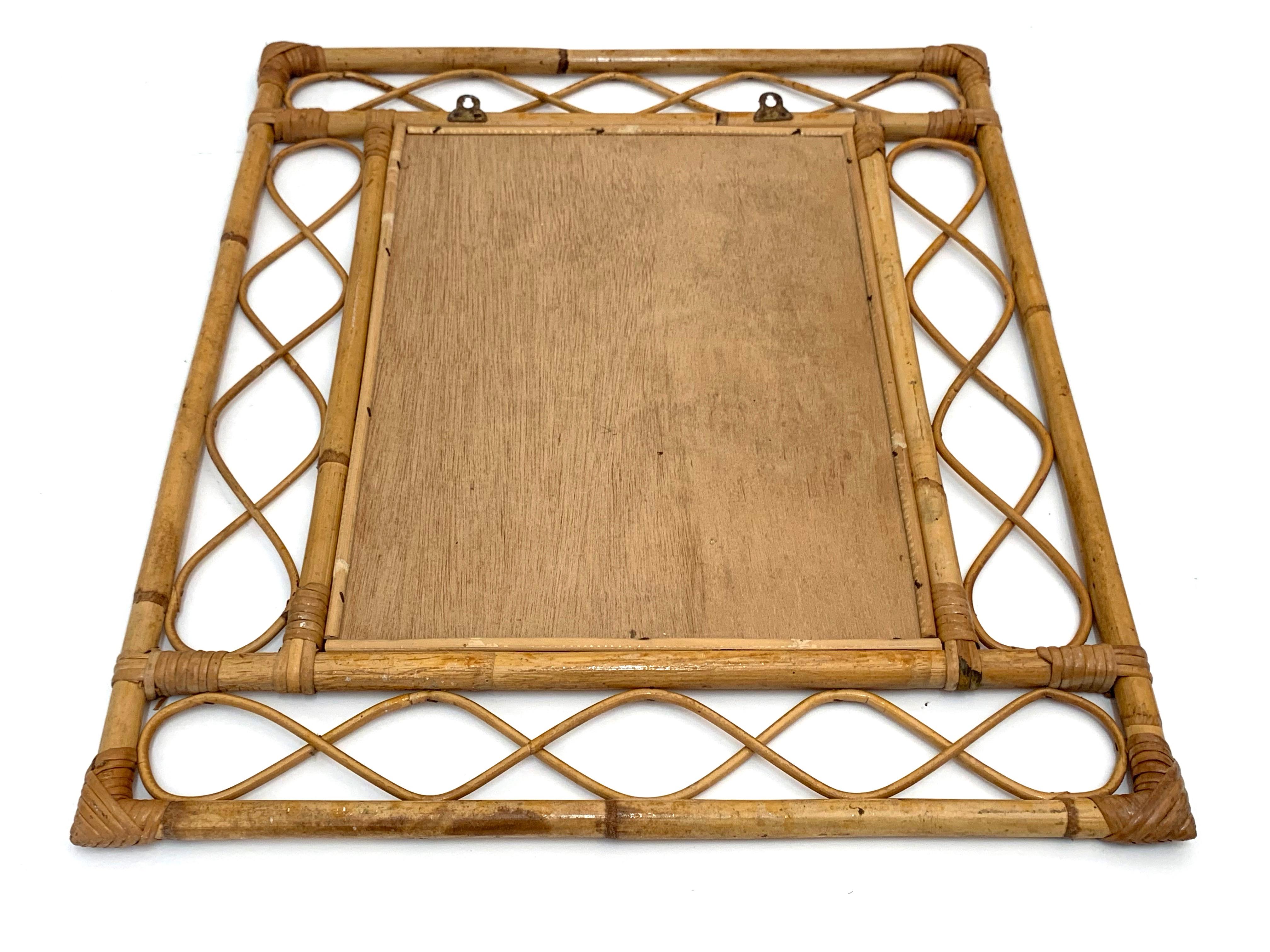 Midcentury French Riviera Bamboo and Rattan Rectangular Wall Mirror France 1960s 3