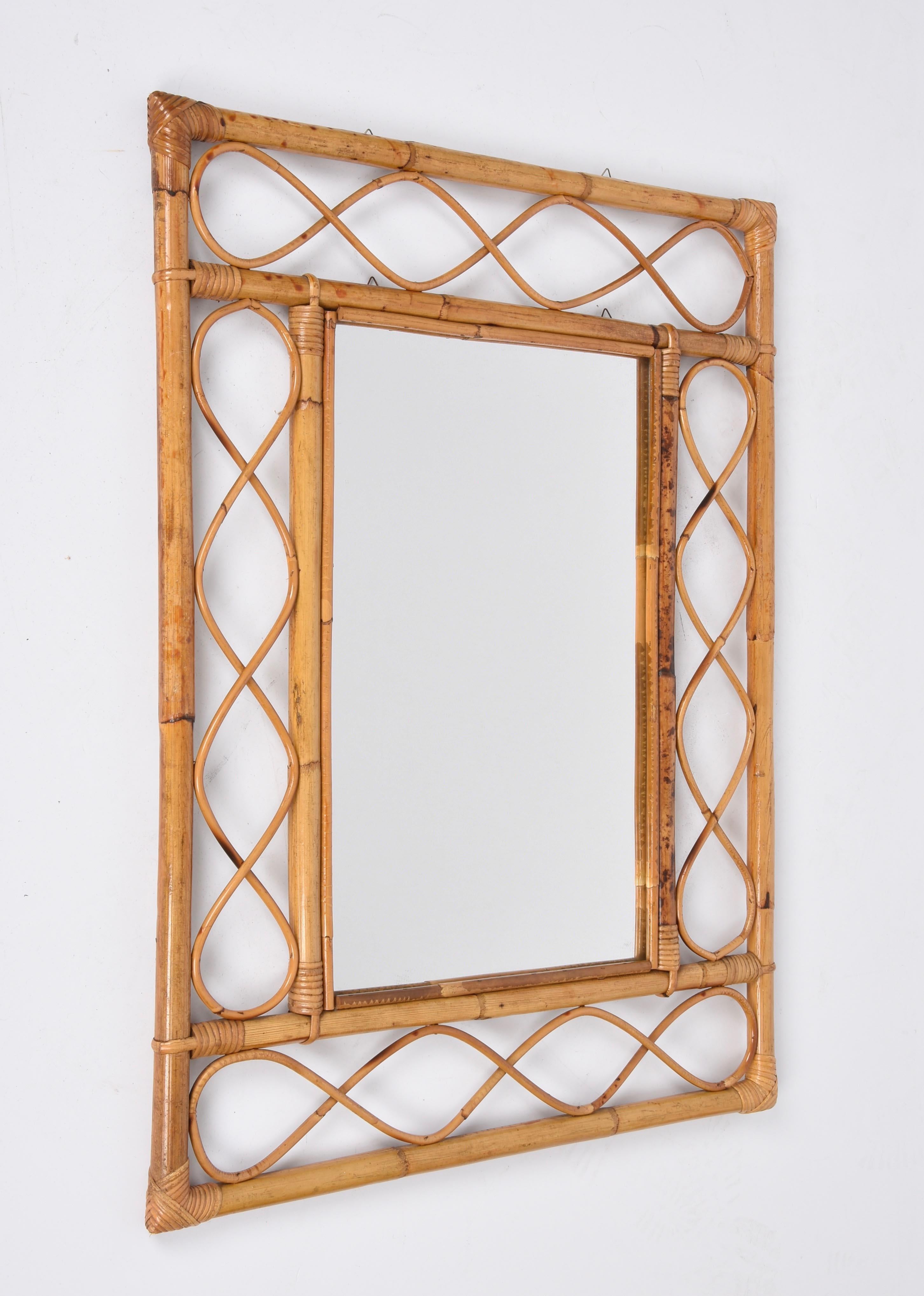 Midcentury French Riviera Bamboo and Rattan Rectangular Wall Mirror France 1960s 6