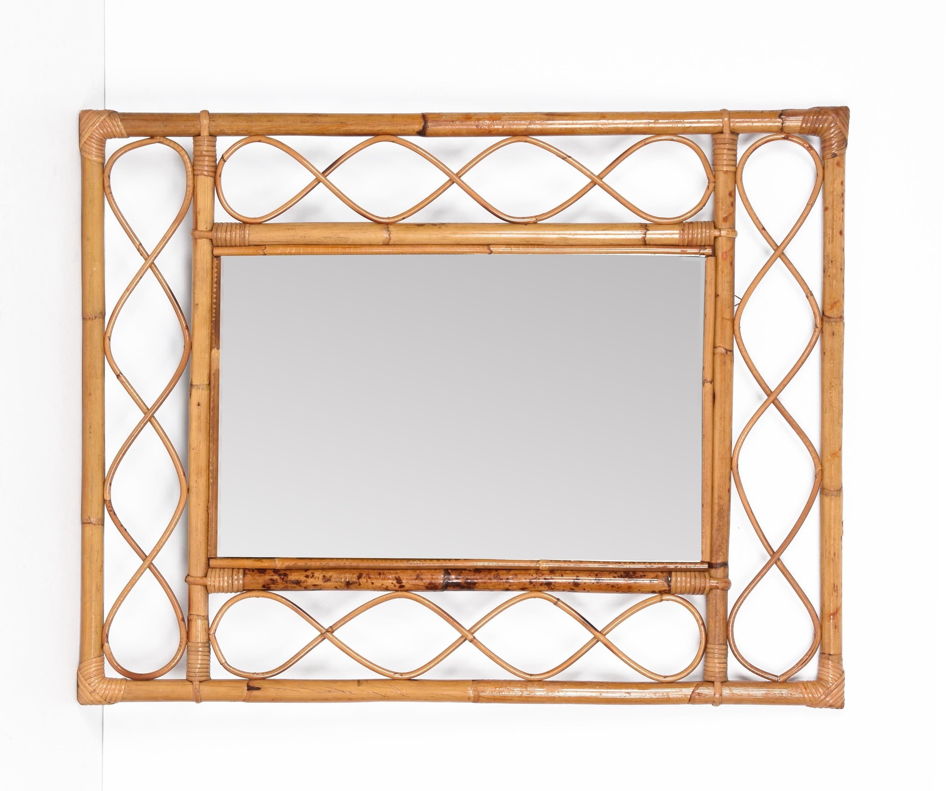 Midcentury French Riviera Bamboo and Rattan Rectangular Wall Mirror France 1960s In Good Condition In Roma, IT