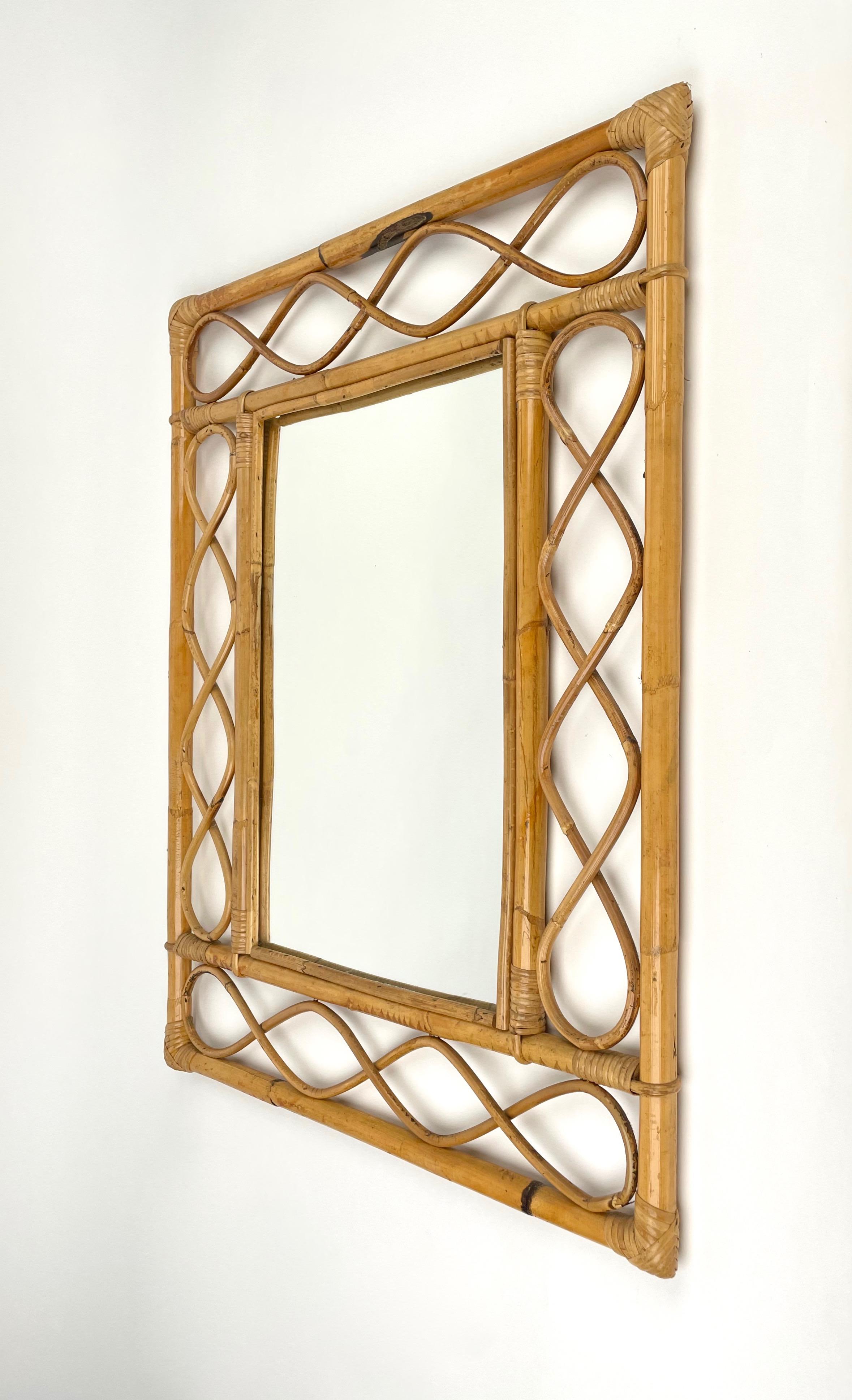 Midcentury French Riviera Bamboo and Rattan Rectangular Wall Mirror France 1960s In Good Condition In Rome, IT