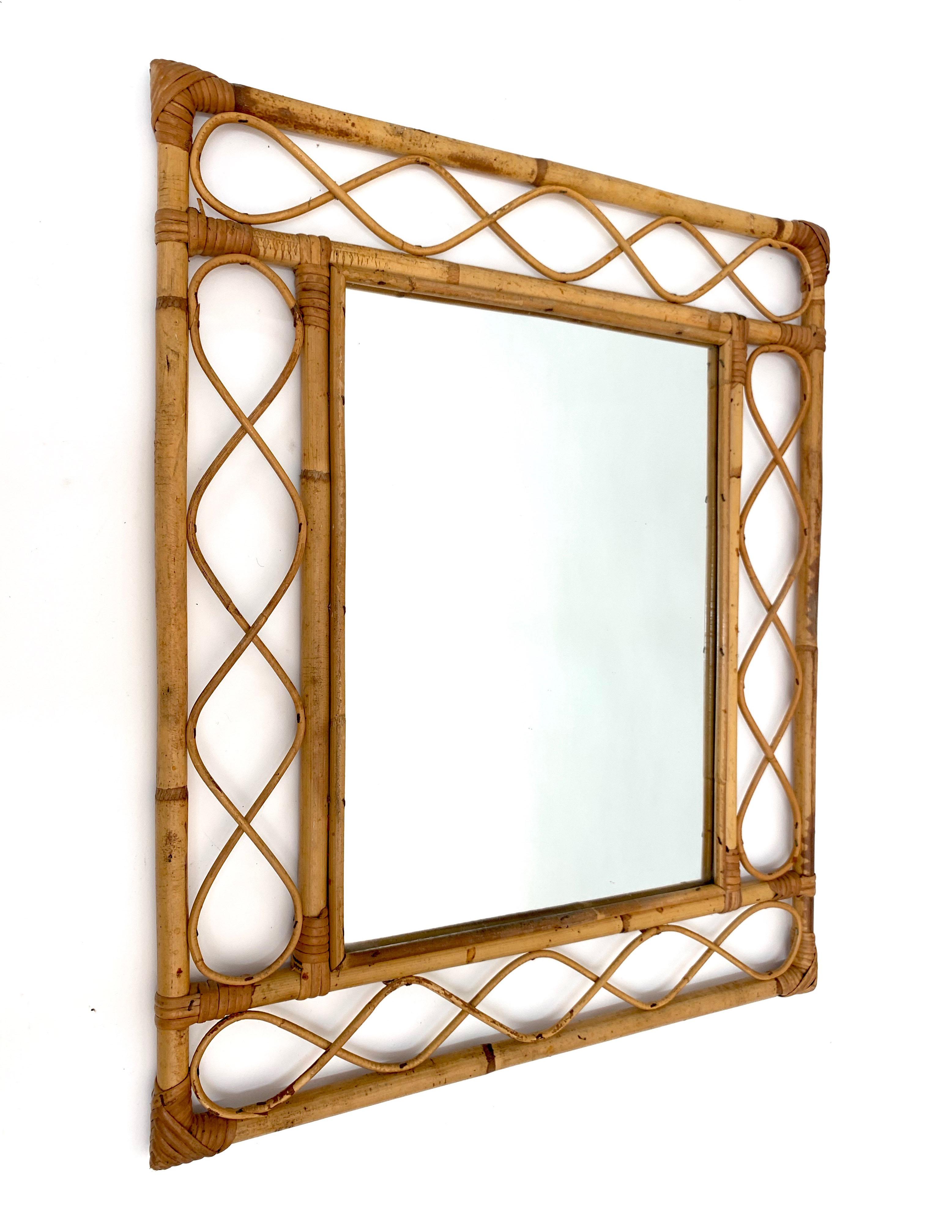 Mid-Century Modern Midcentury French Riviera Bamboo and Rattan Rectangular Wall Mirror France 1960s