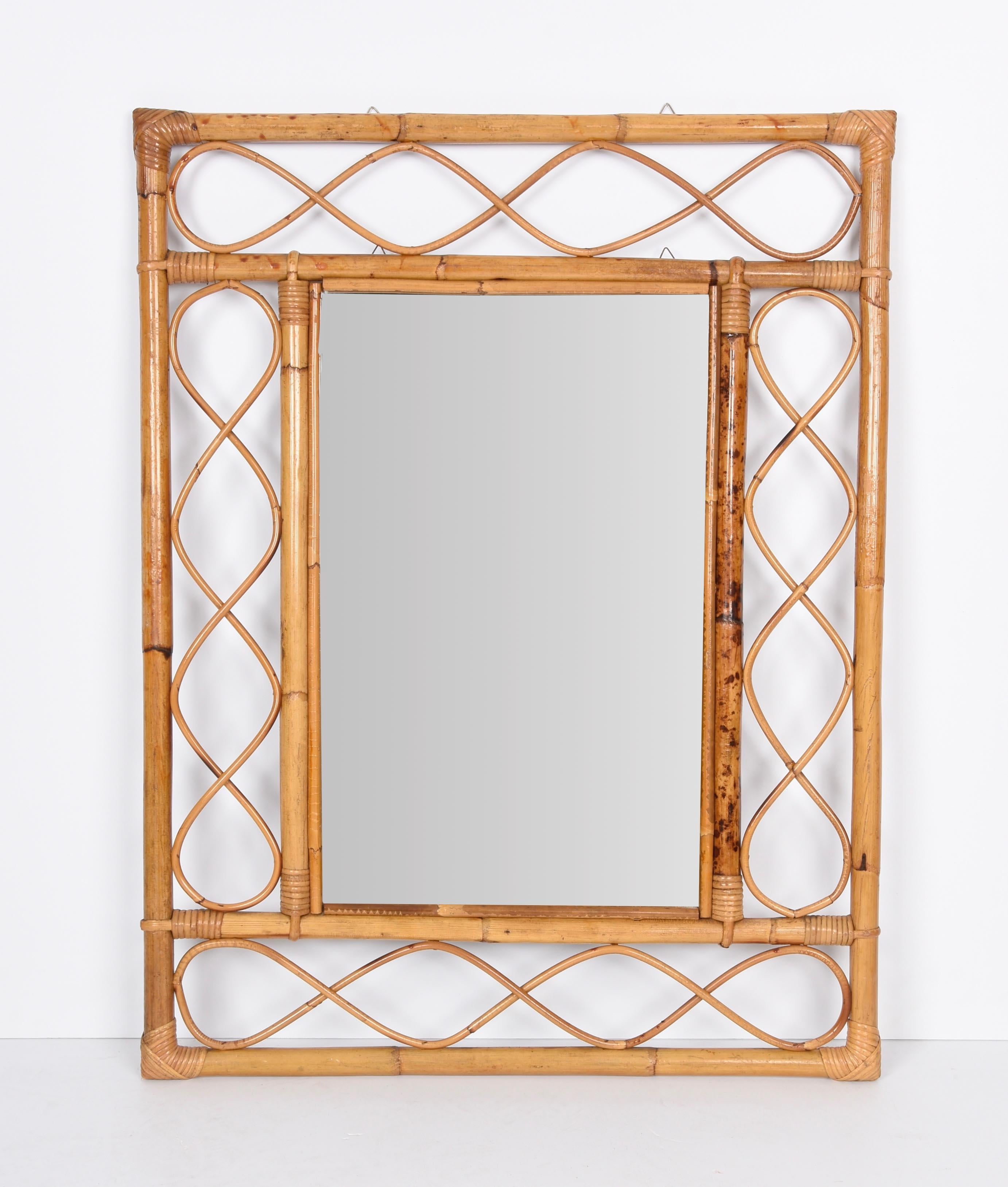Mid-20th Century Midcentury French Riviera Bamboo and Rattan Rectangular Wall Mirror France 1960s