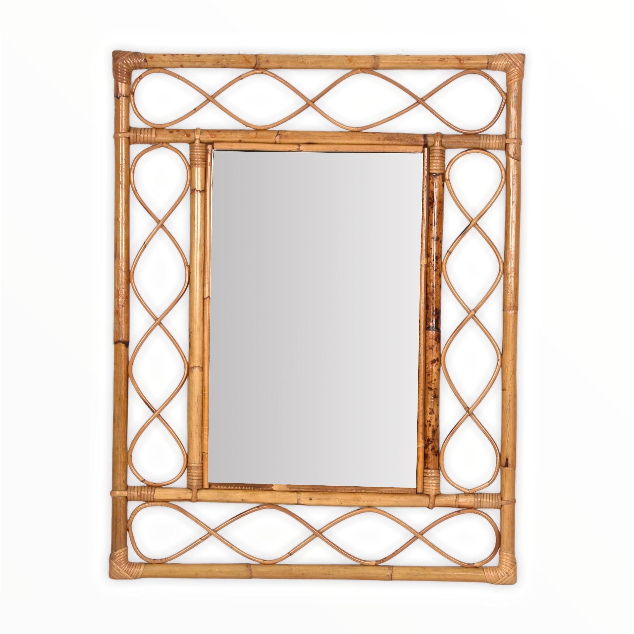 Midcentury French Riviera Bamboo and Rattan Rectangular Wall Mirror France 1960s 4