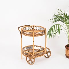 Midcentury French Riviera Bamboo and Rattan Round Bar Cart, Italy, 1960s