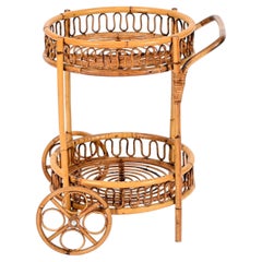 Midcentury French Riviera Bamboo and Rattan Round Bar Cart, Italy, 1960s