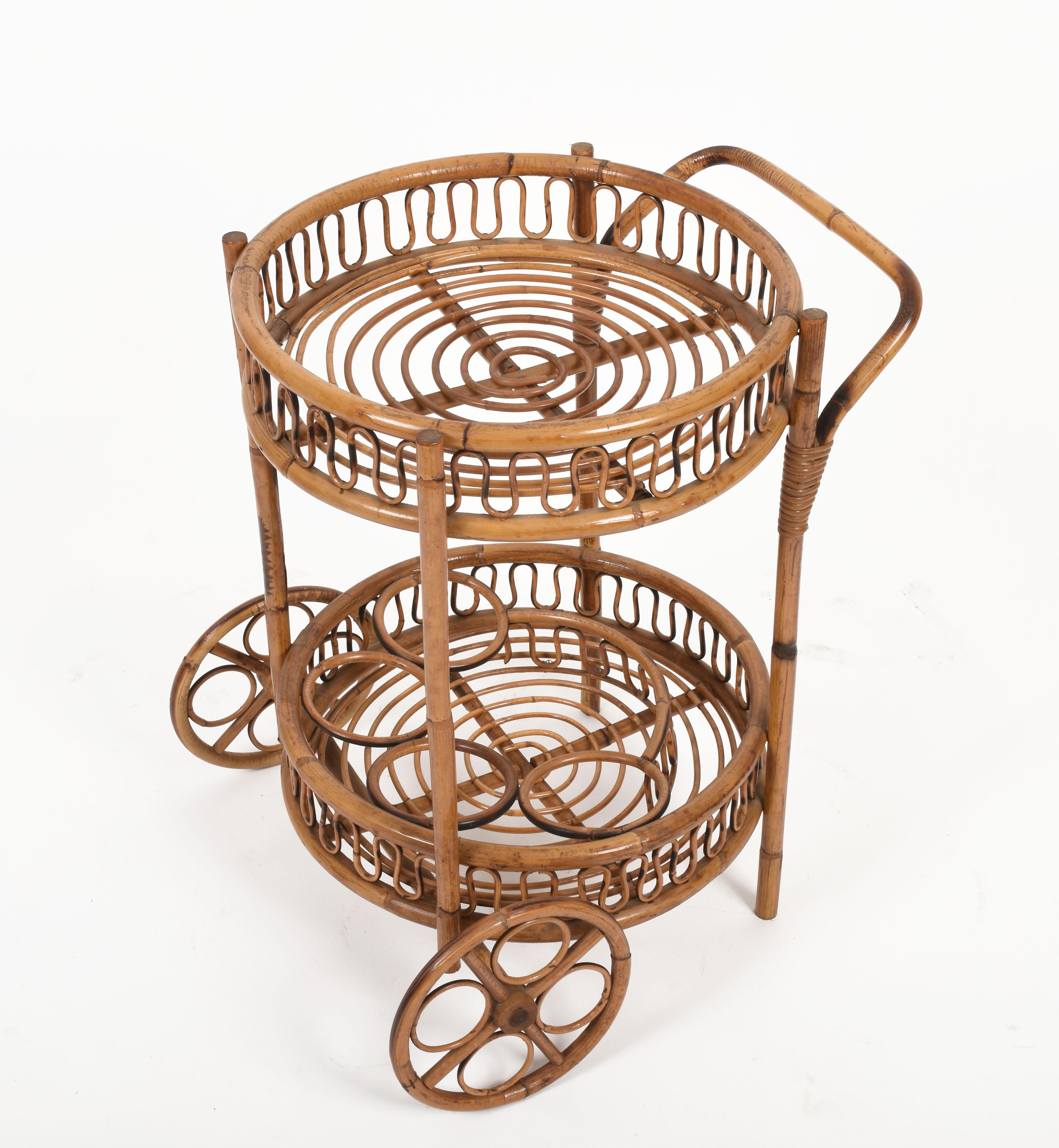 Midcentury French Riviera Bamboo and Rattan Round Italian Bar Cart, 1960s 2