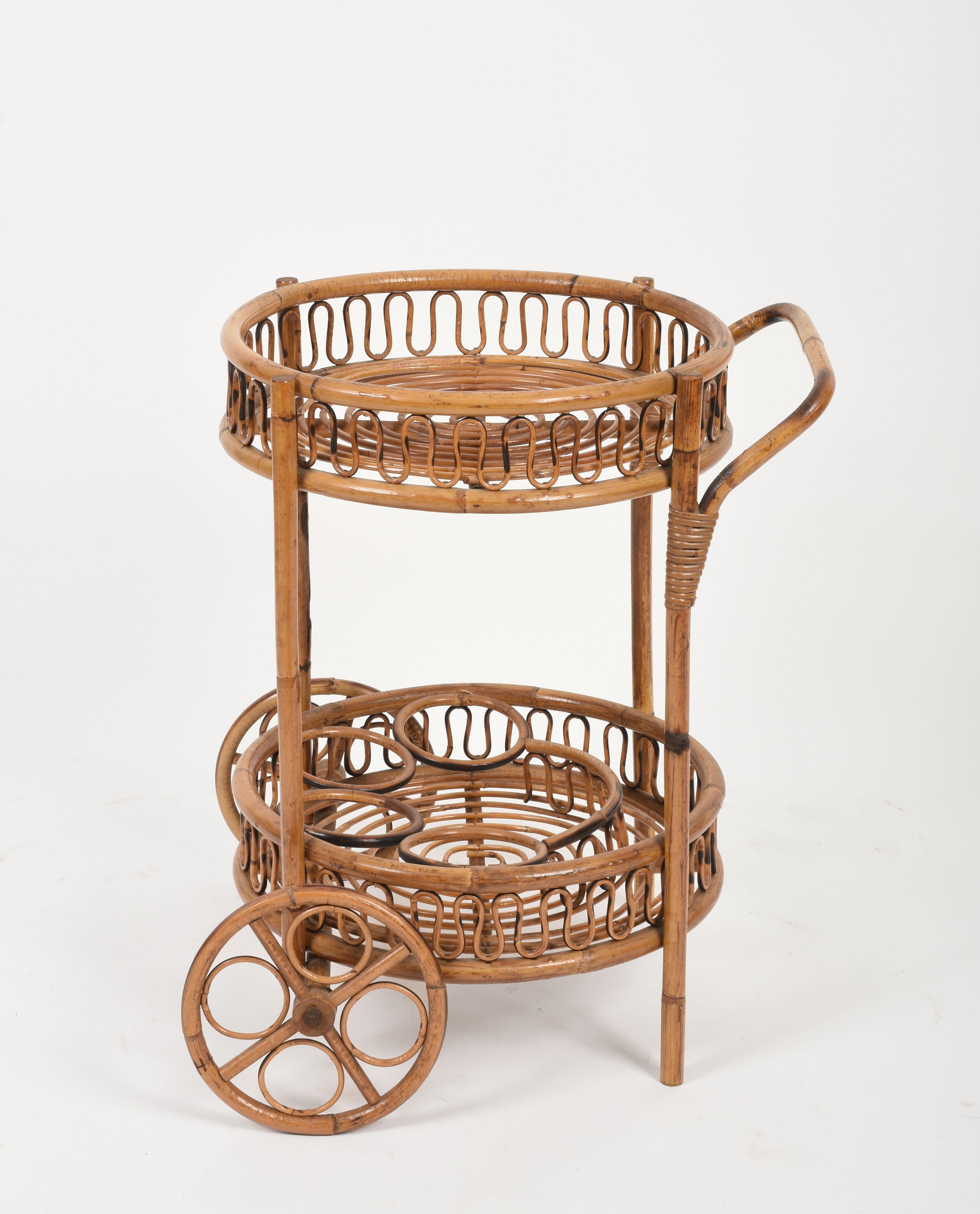 Midcentury French Riviera Bamboo and Rattan Round Italian Bar Cart, 1960s 5