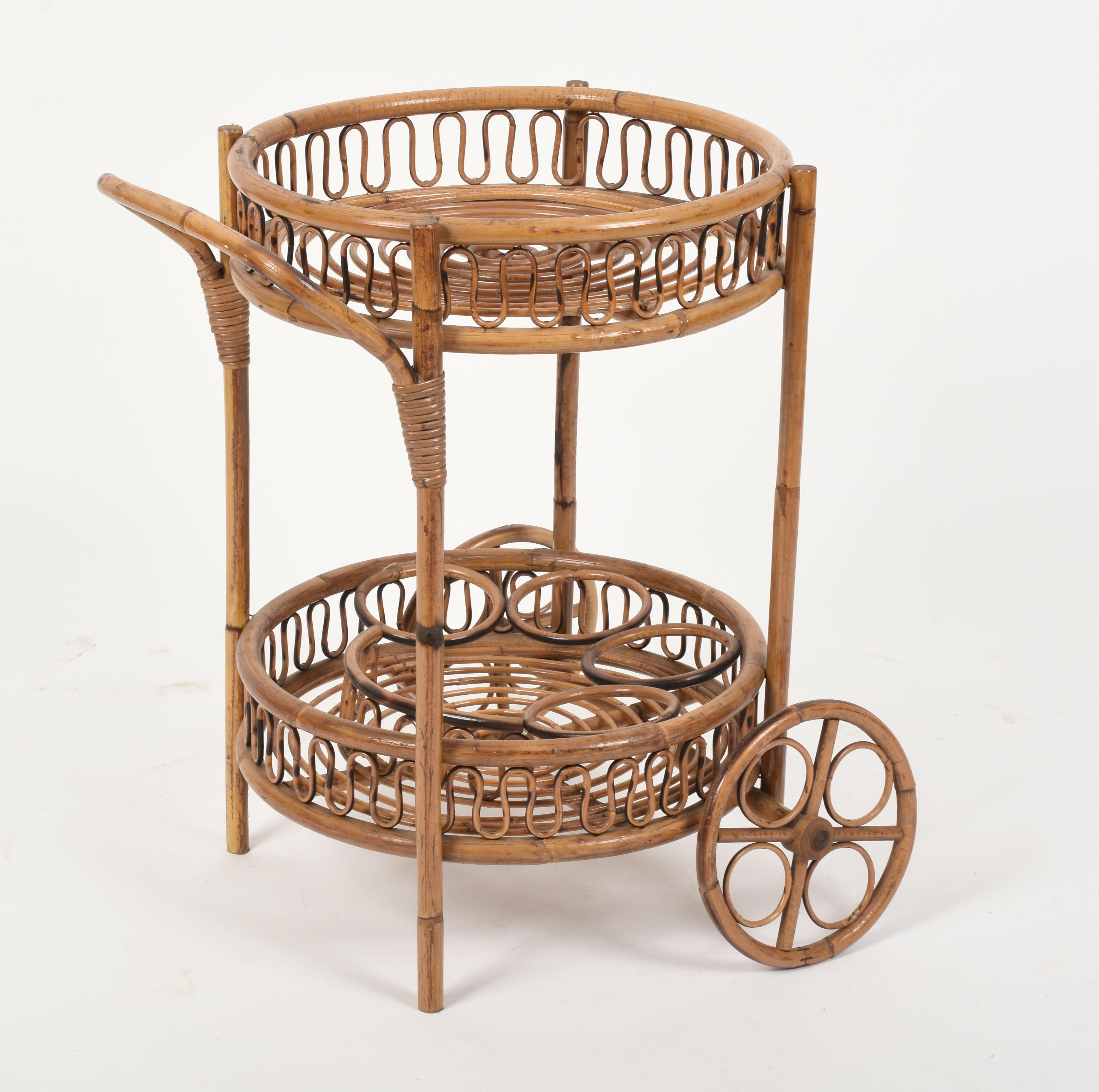 Midcentury French Riviera Bamboo and Rattan Round Italian Bar Cart, 1960s 8