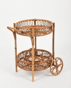 Midcentury French Riviera Bamboo and Rattan Round Italian Bar Cart, 1960s
