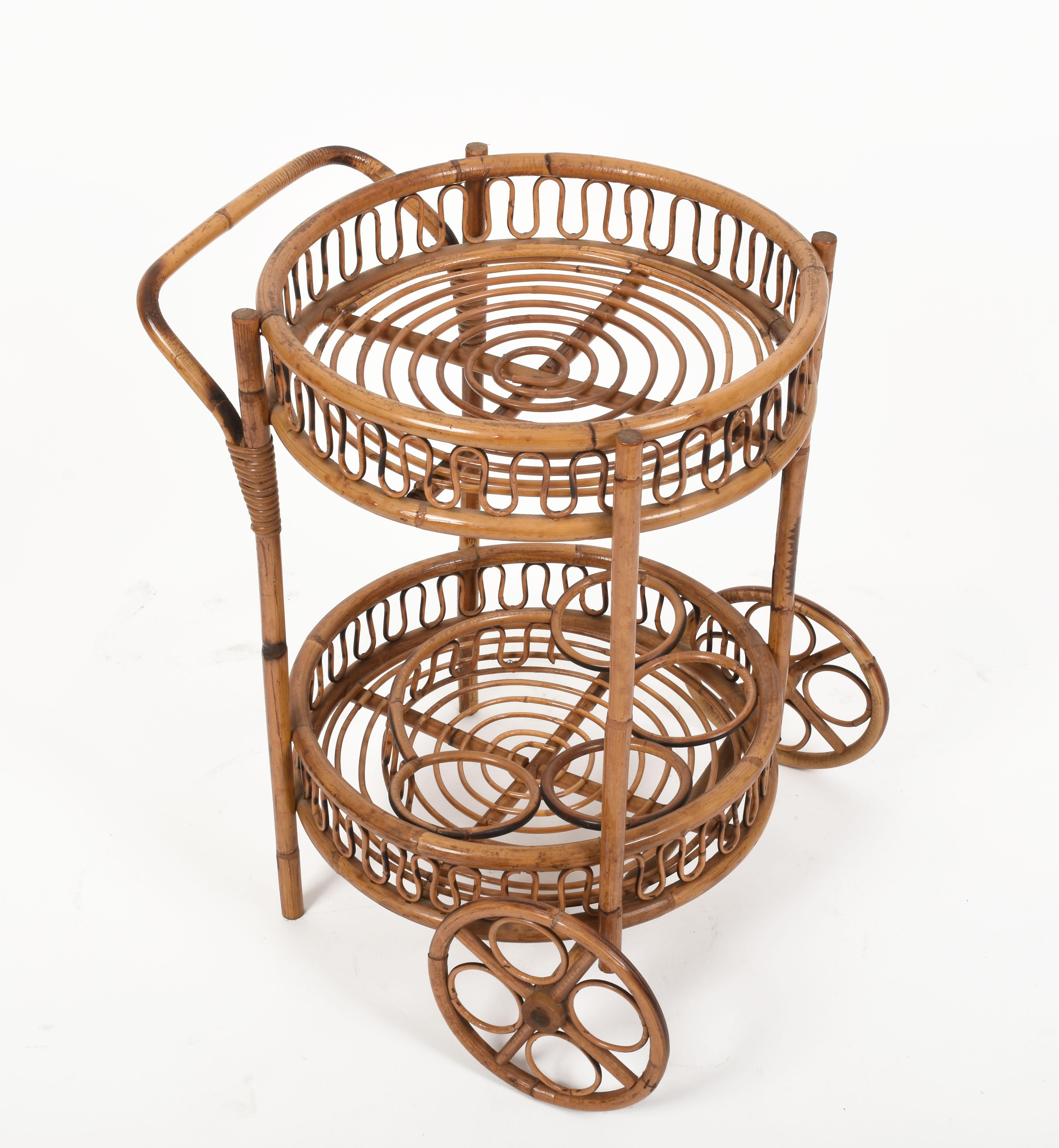 Midcentury French Riviera Bamboo and Rattan Round Italian Bar Cart, 1960s 1