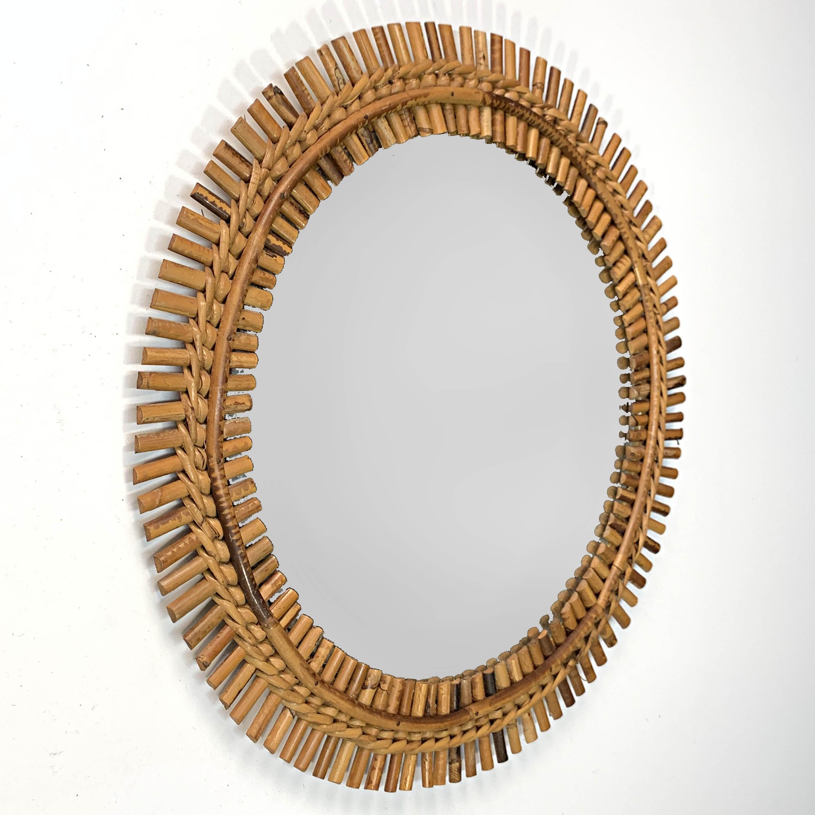 Midcentury French Riviera Bamboo and Rattan Round Wall Mirror, 1960s 8