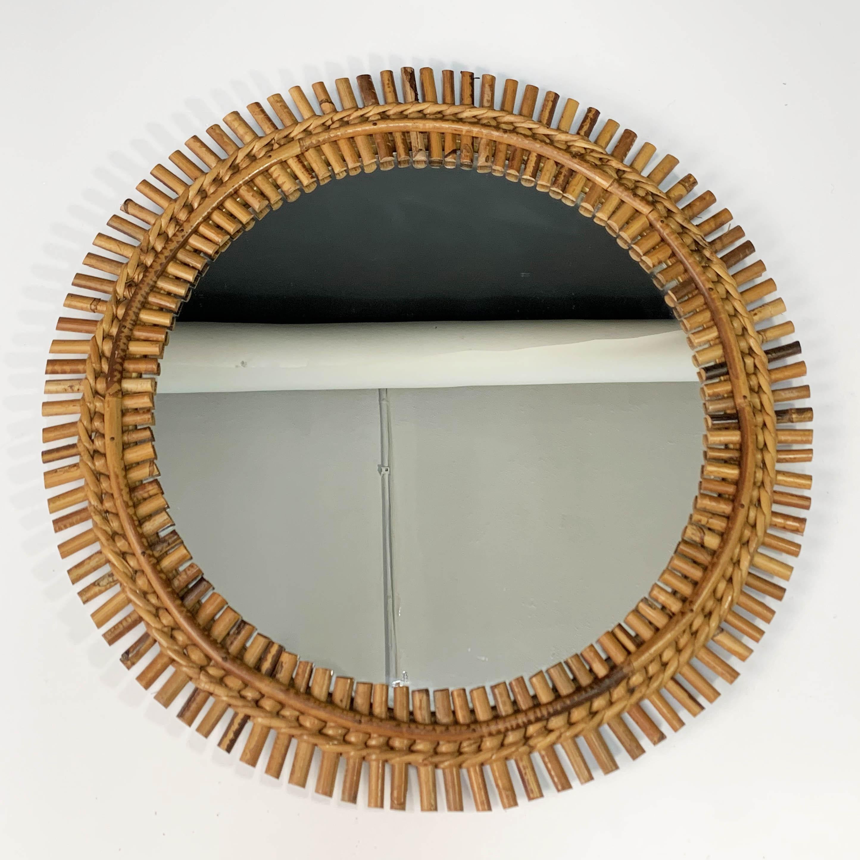 Midcentury French Riviera Bamboo and Rattan Round Wall Mirror, 1960s 9