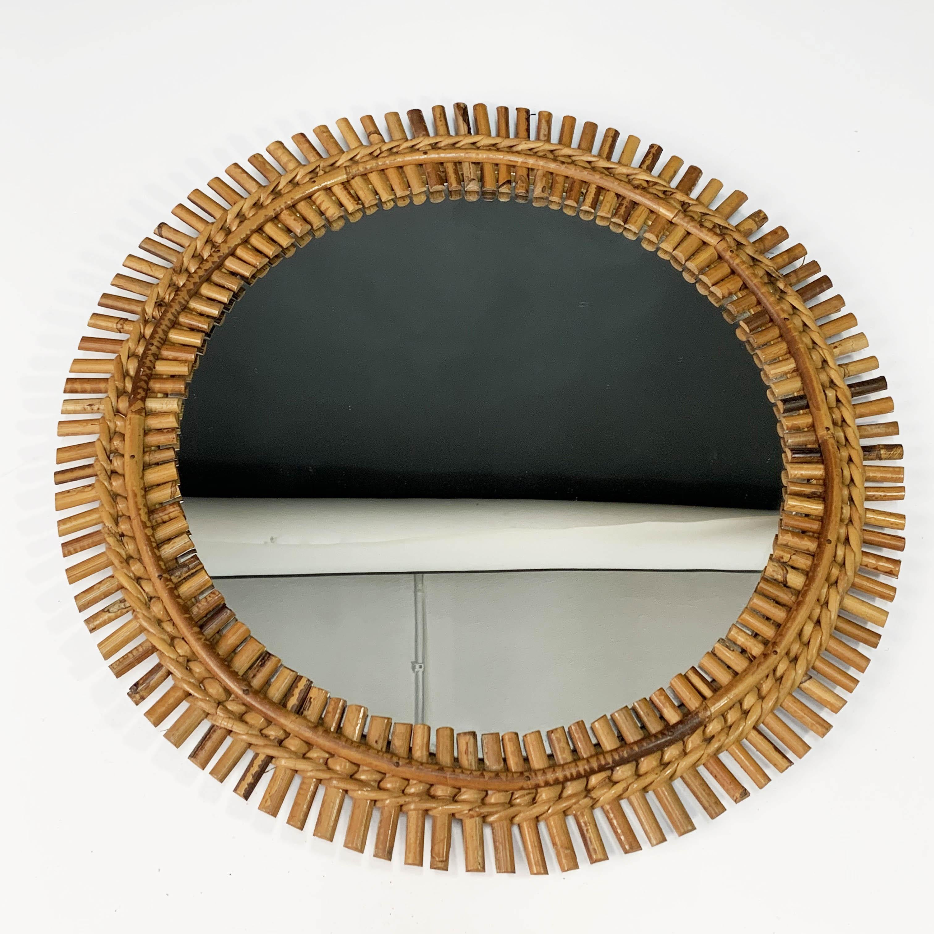 Midcentury French Riviera Bamboo and Rattan Round Wall Mirror, 1960s 10