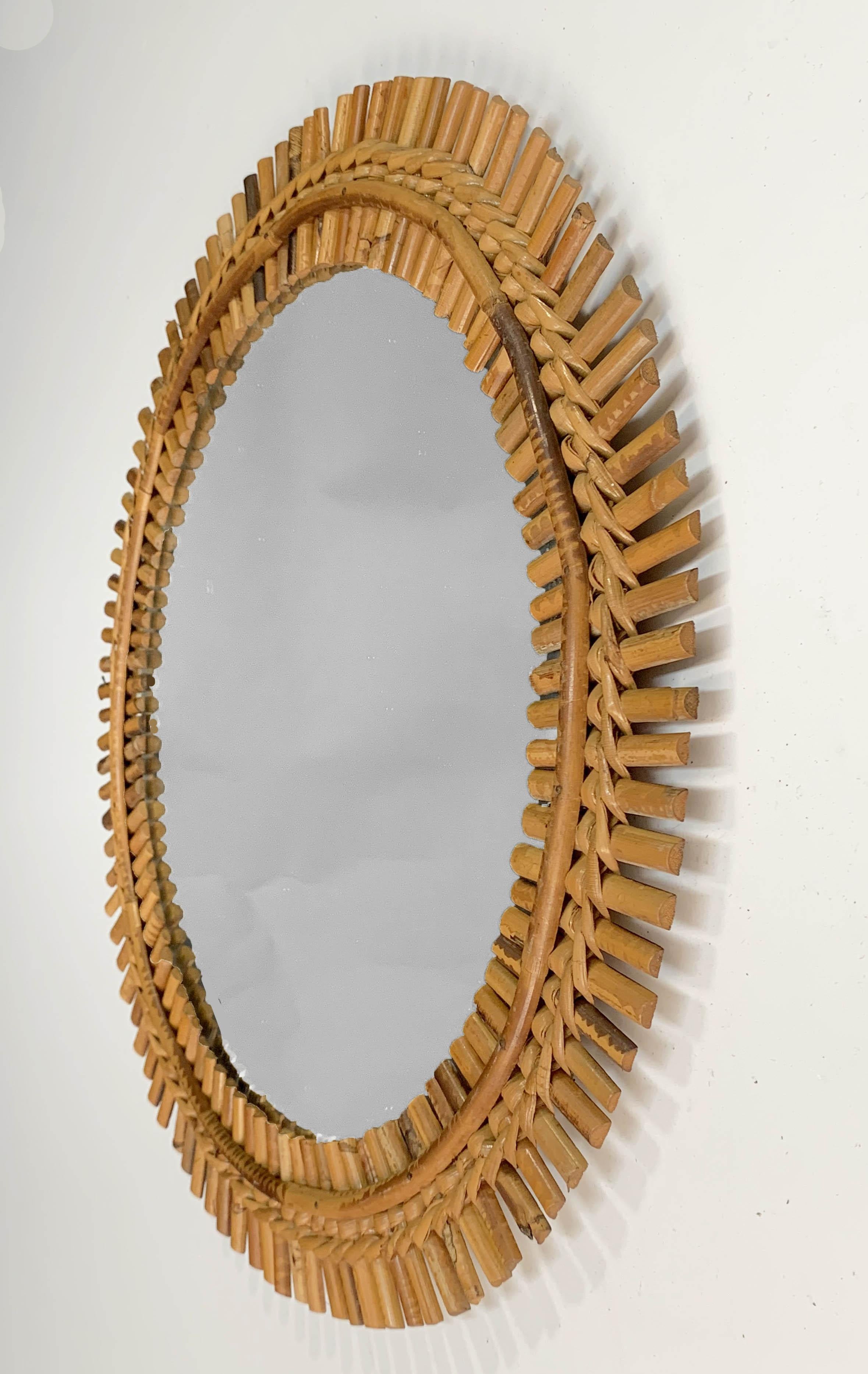 Midcentury French Riviera Bamboo and Rattan Round Wall Mirror, 1960s 11