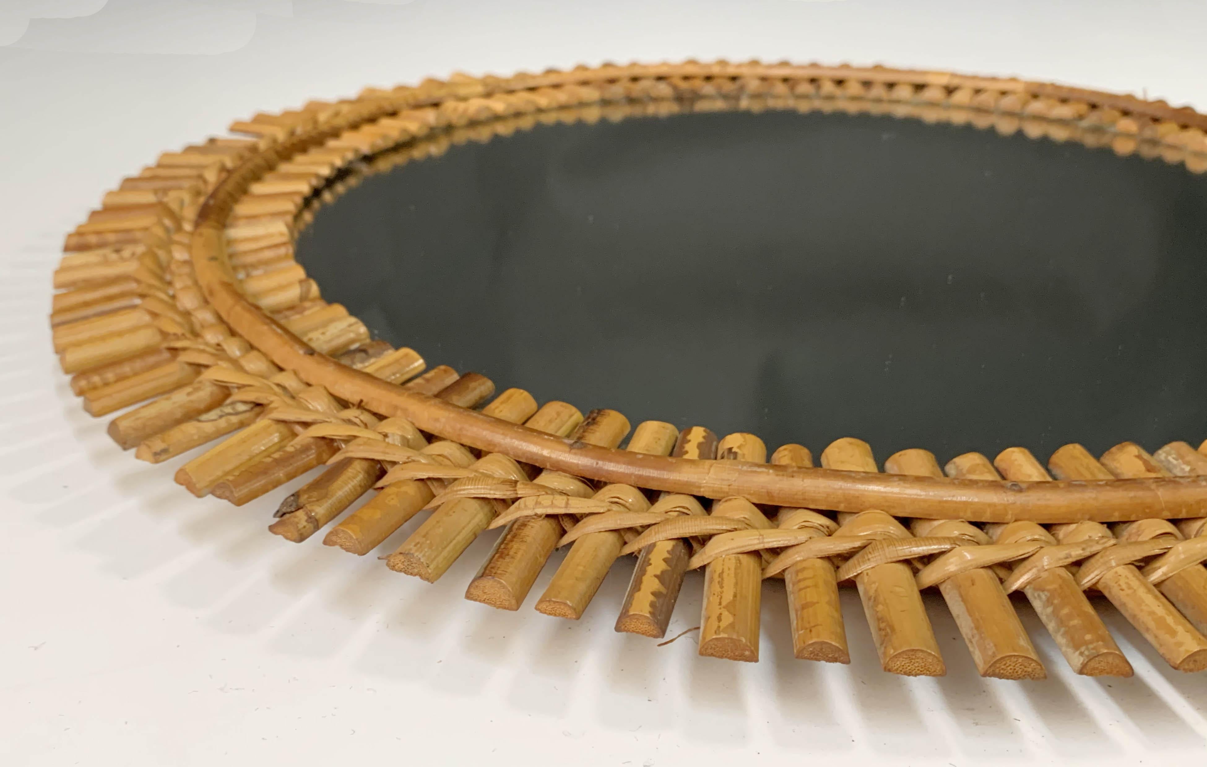 Mid-20th Century Midcentury French Riviera Bamboo and Rattan Round Wall Mirror, 1960s