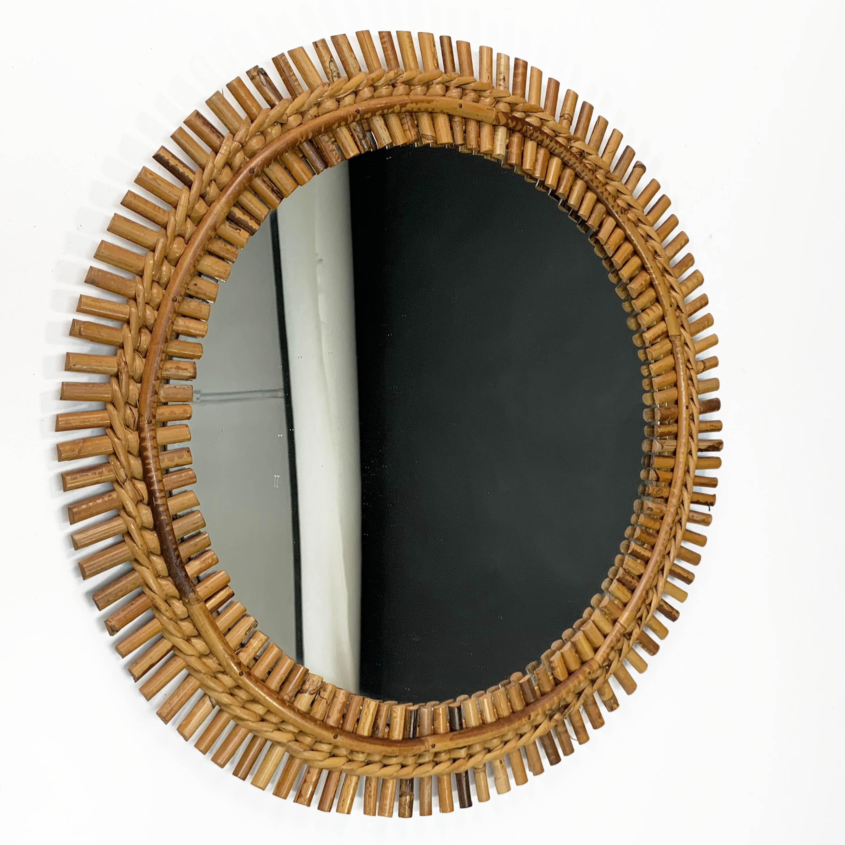 Midcentury French Riviera Bamboo and Rattan Round Wall Mirror, 1960s 3