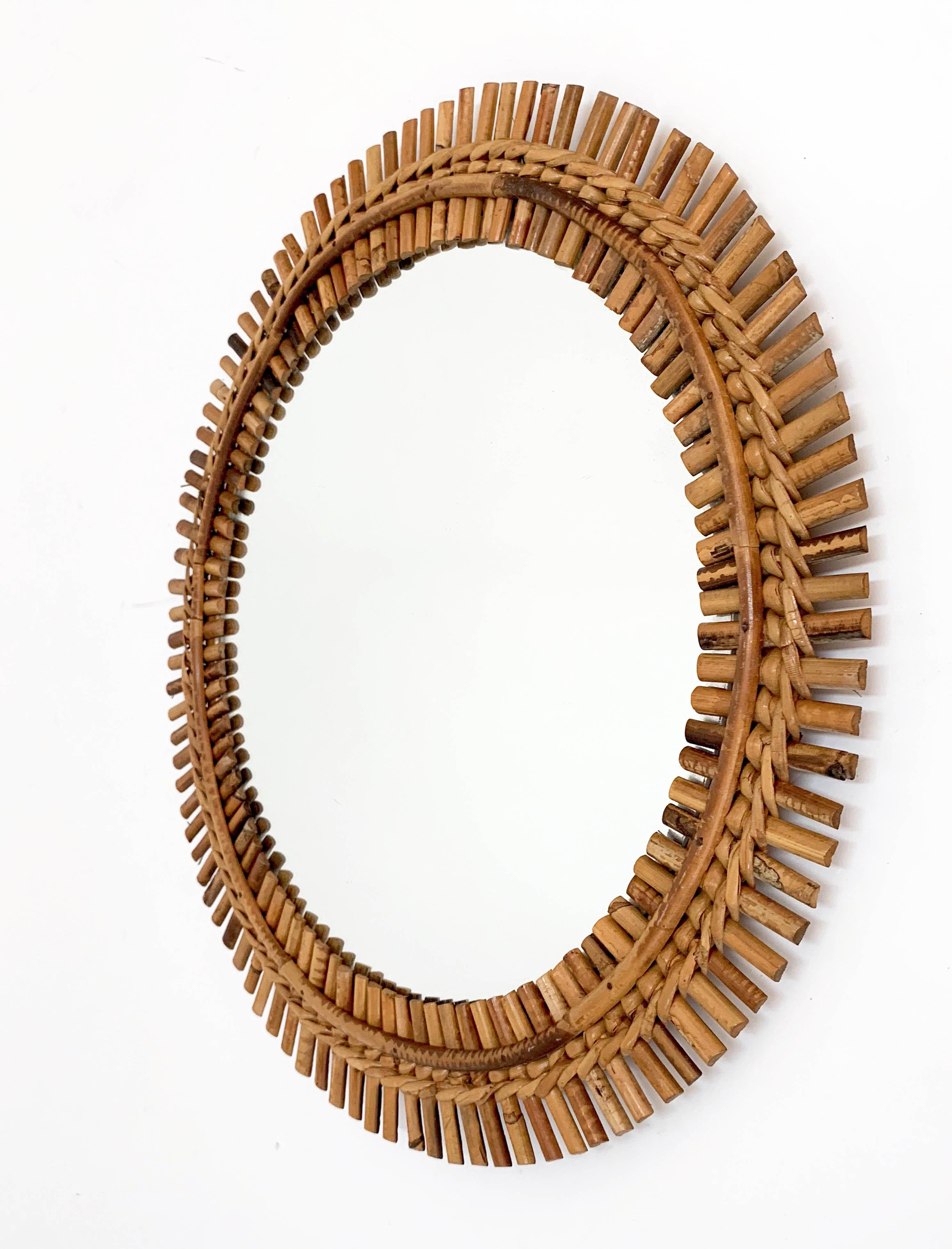 Midcentury French Riviera Bamboo and Rattan Round Wall Mirror, 1960s 1
