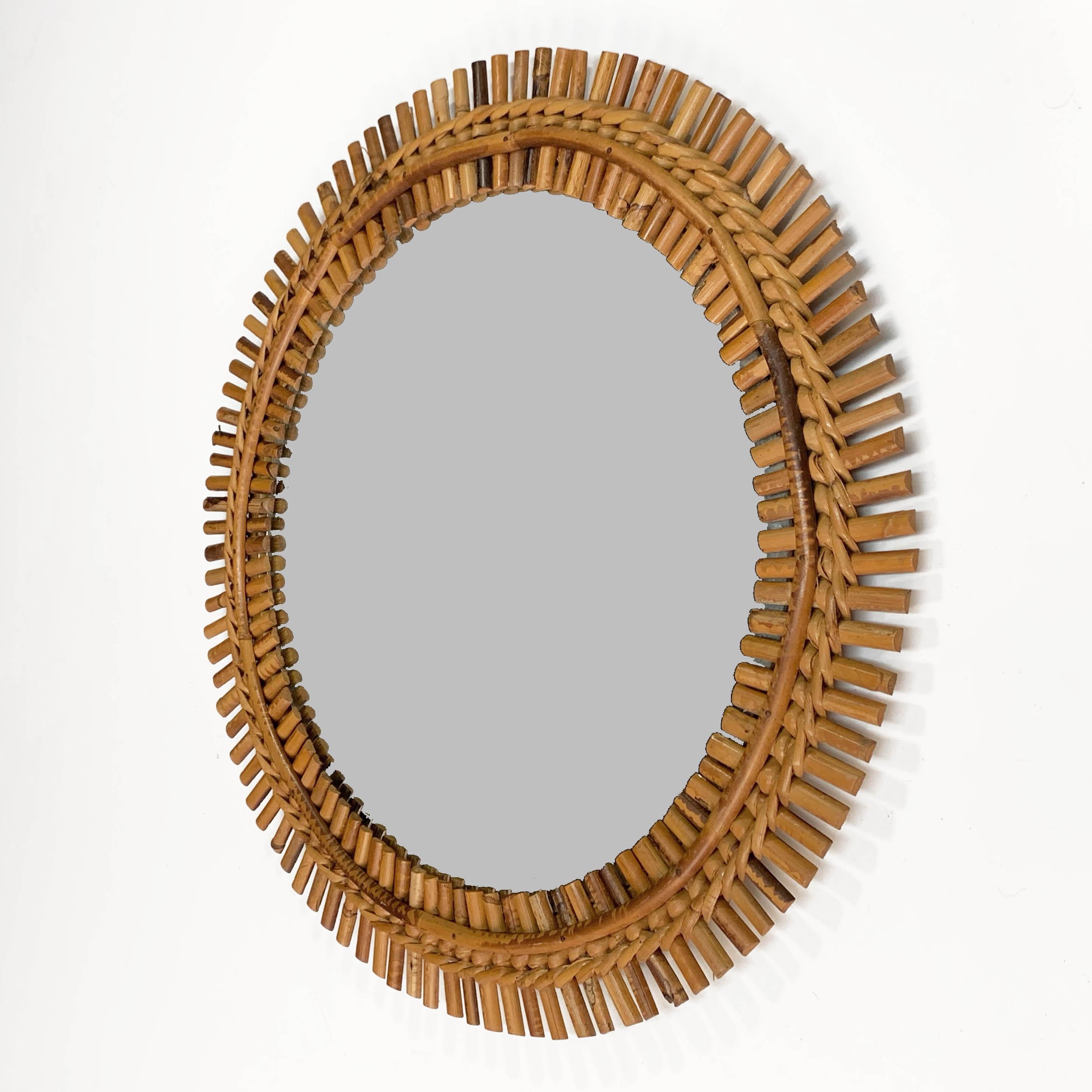 Midcentury French Riviera Bamboo and Rattan Round Wall Mirror, 1960s 4