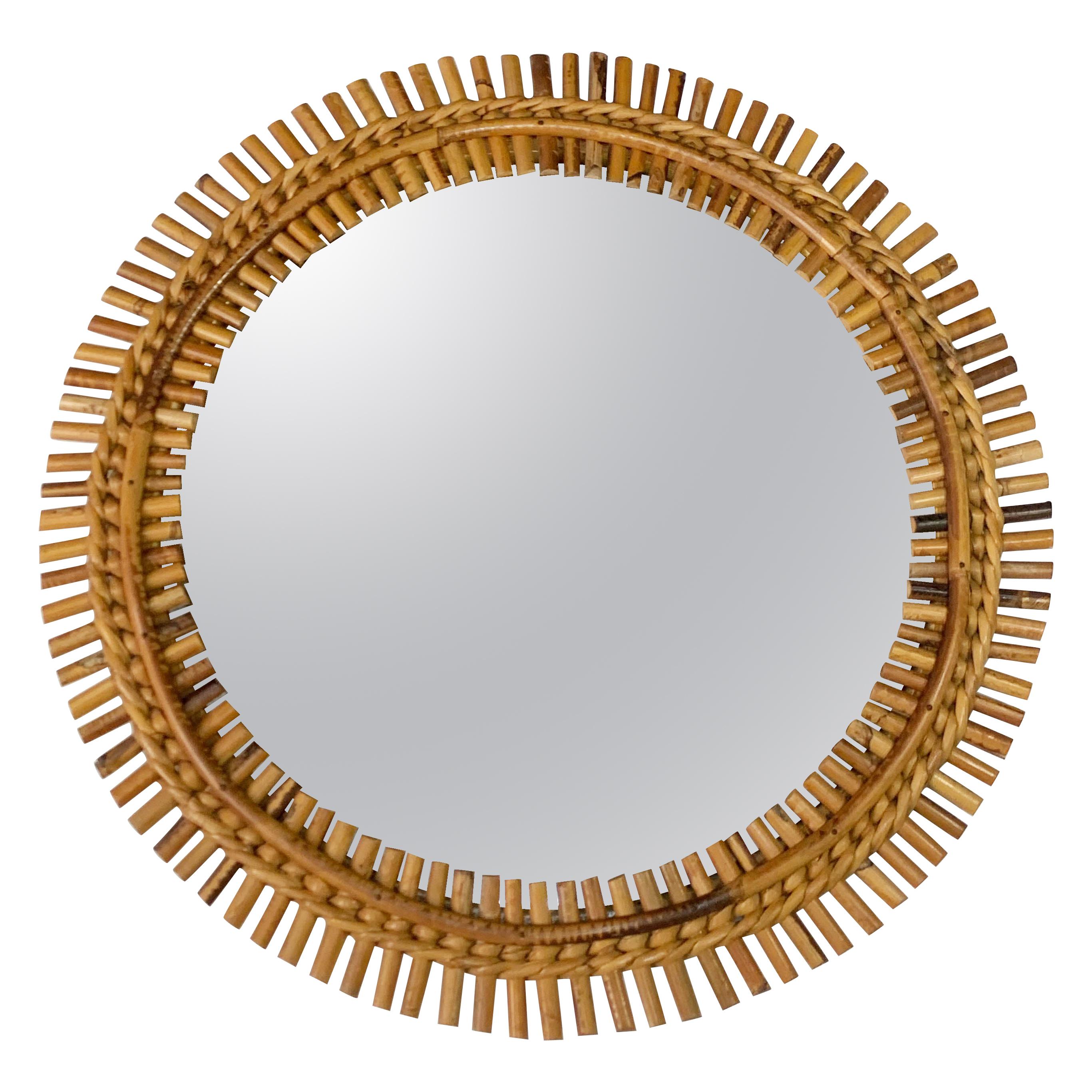 Midcentury French Riviera Bamboo and Rattan Round Wall Mirror, 1960s