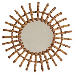 Specchio a raggiera in bambù e rattan della Costa Azzurra del Medioevo, Francia, anni '50