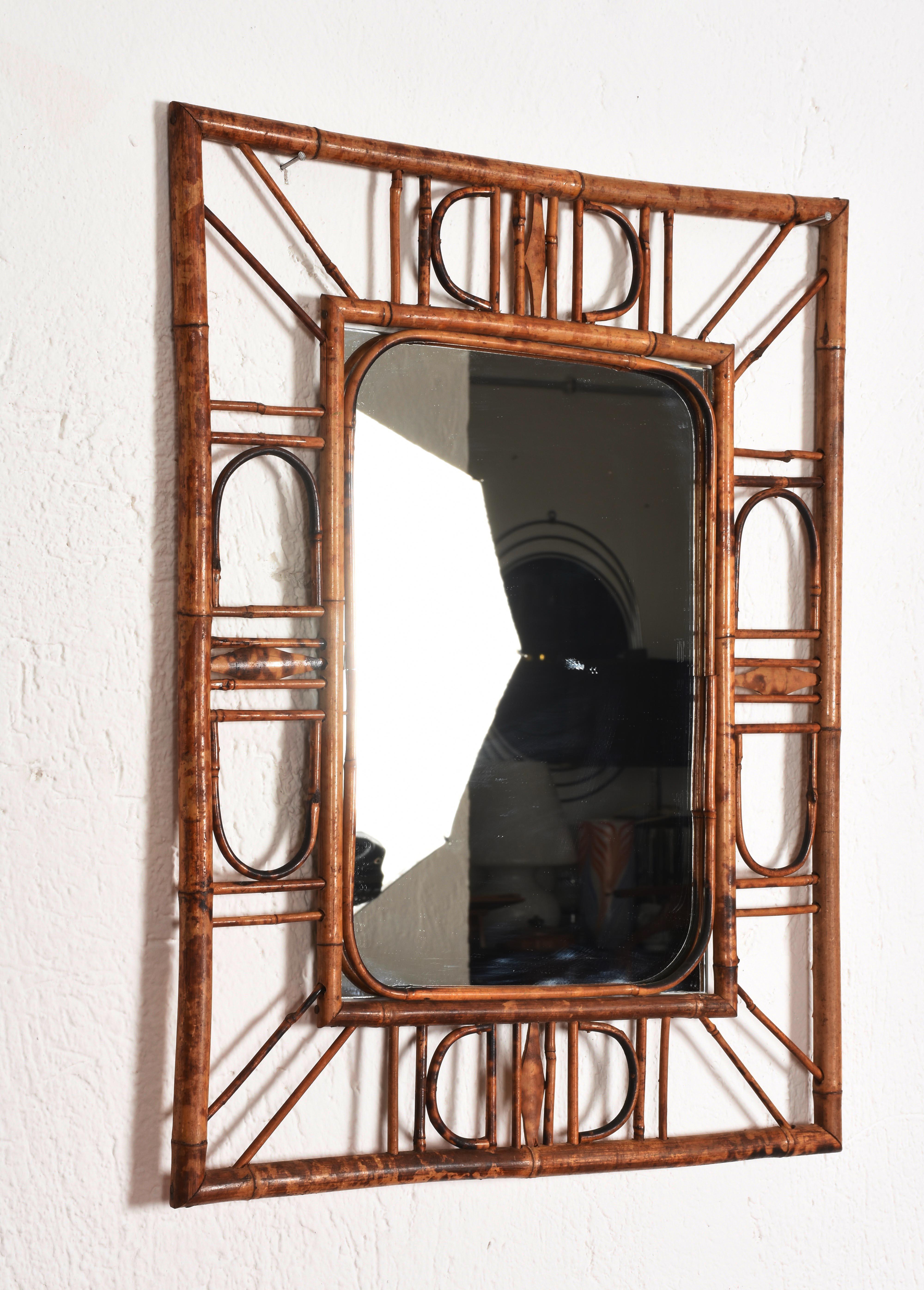 Midcentury French Riviera Bamboo and Rattan Wall Mirror, 1960s In Good Condition In Roma, IT