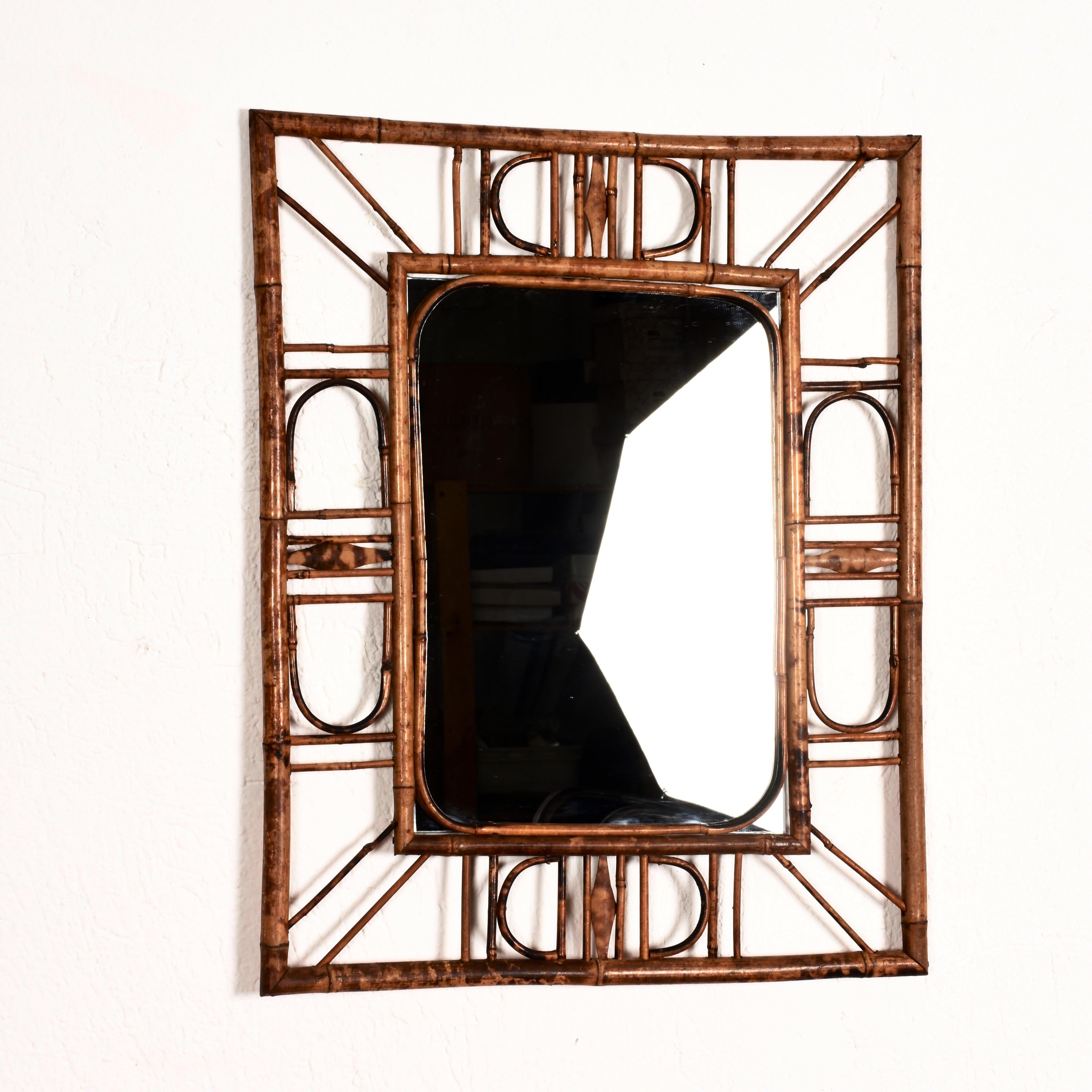 Midcentury French Riviera Bamboo and Rattan Wall Mirror, 1960s 1