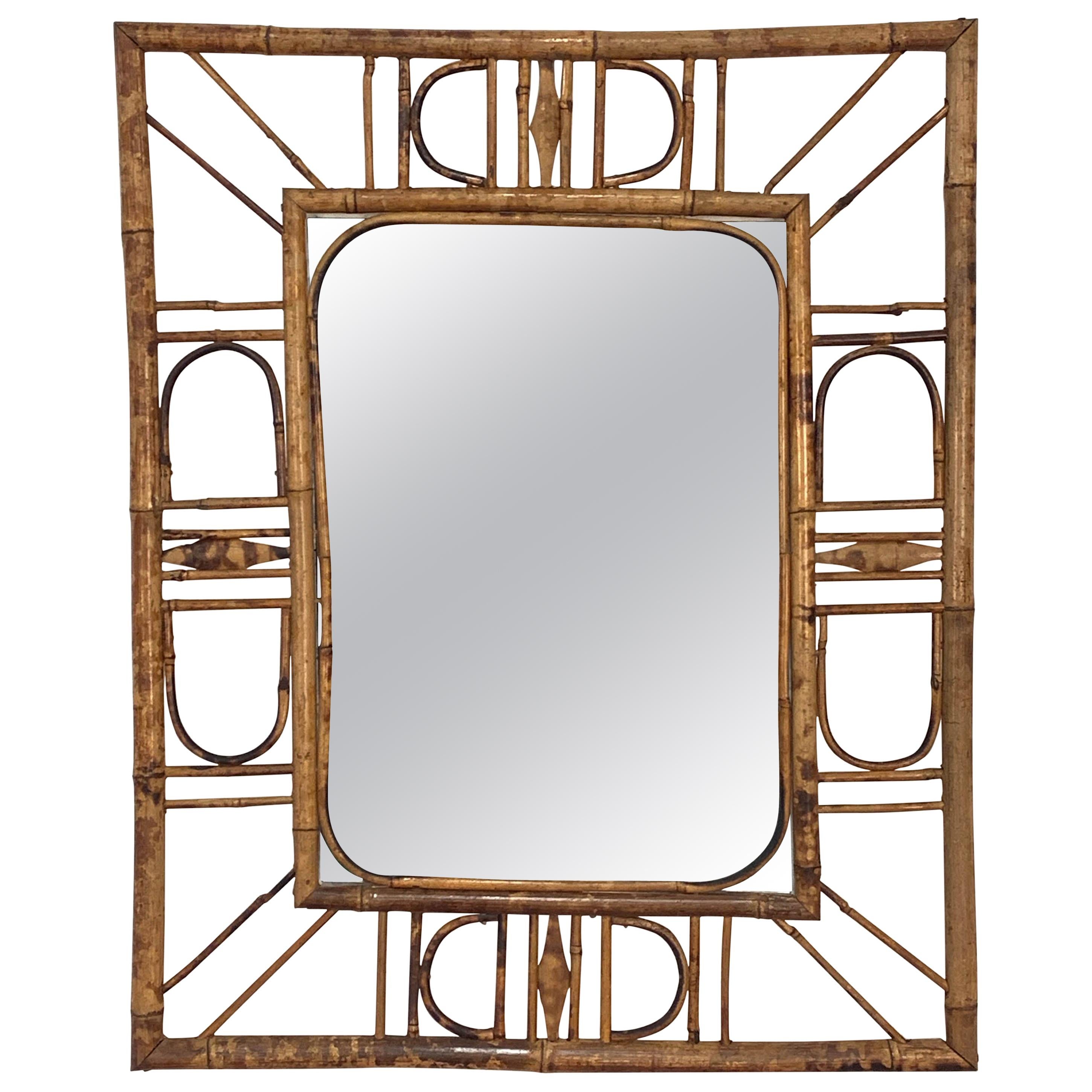 Midcentury French Riviera Bamboo and Rattan Wall Mirror, 1960s