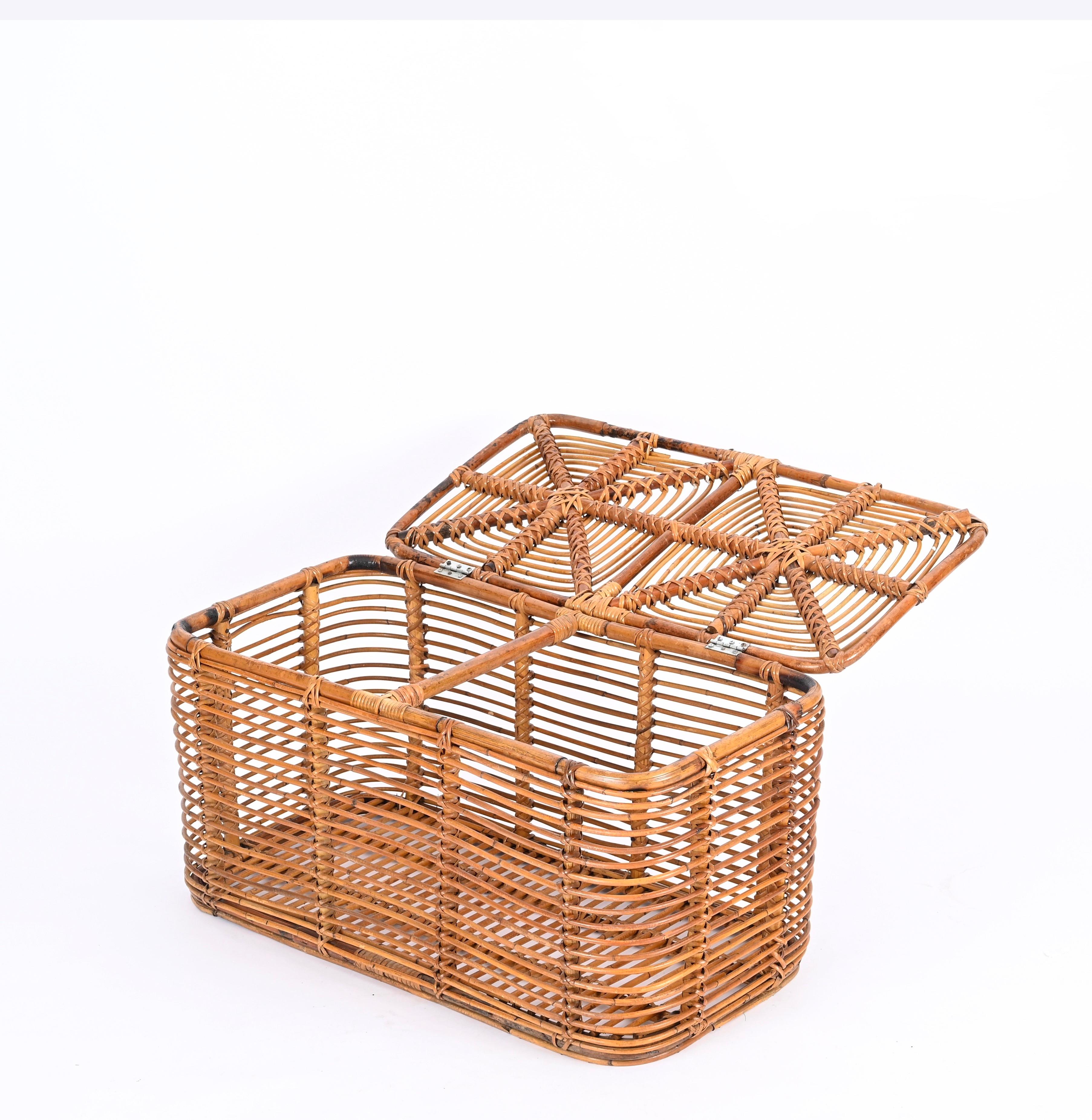 Hand-Woven Midcentury French Riviera Bamboo and Woven Rattan Italian Basket, 1960s For Sale