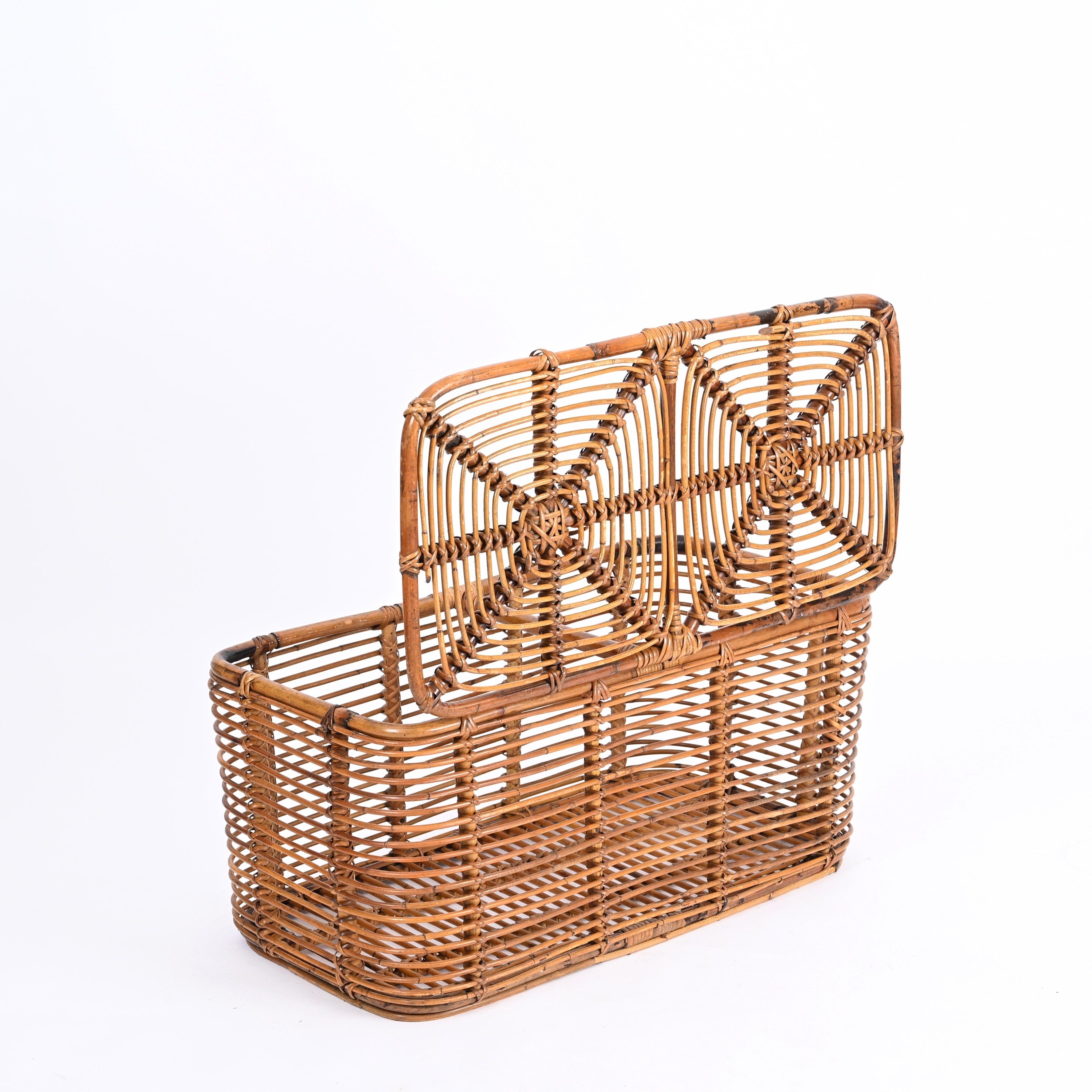 Midcentury French Riviera Bamboo and Woven Rattan Italian Basket, 1960s In Good Condition For Sale In Roma, IT