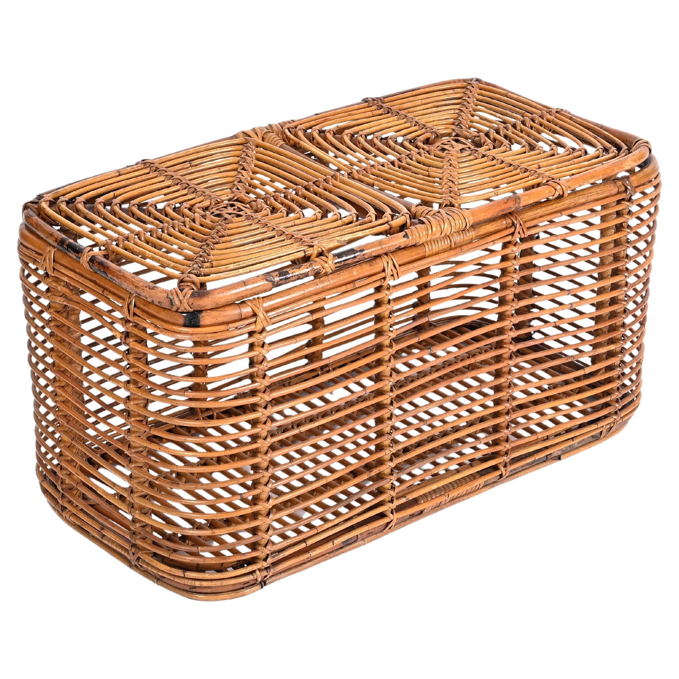 Midcentury French Riviera Bamboo and Woven Rattan Italian Basket, 1960s For Sale