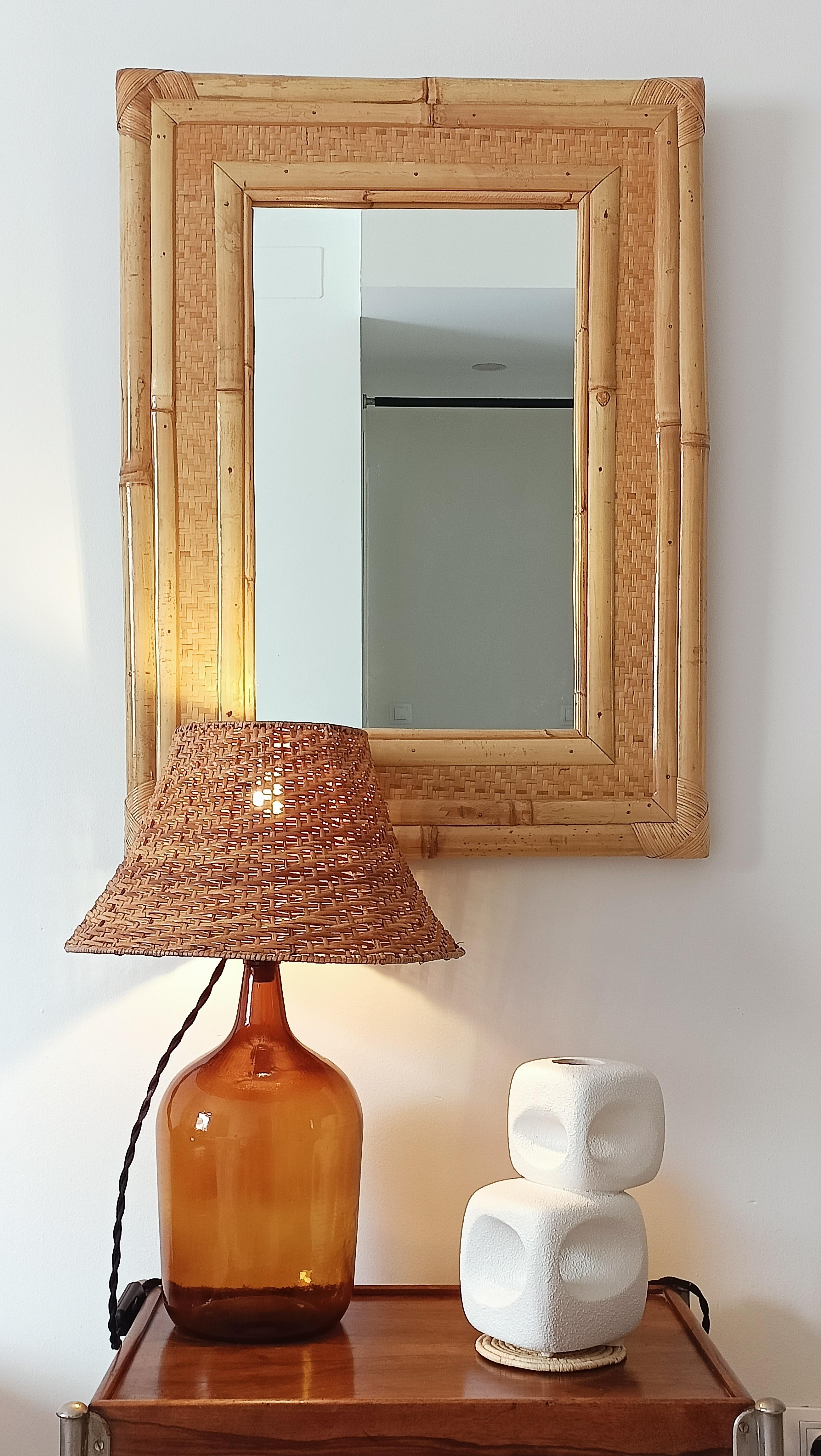 Bamboo Rattan Large Mirror In The Style of Dior Home, 1960s For Sale 4