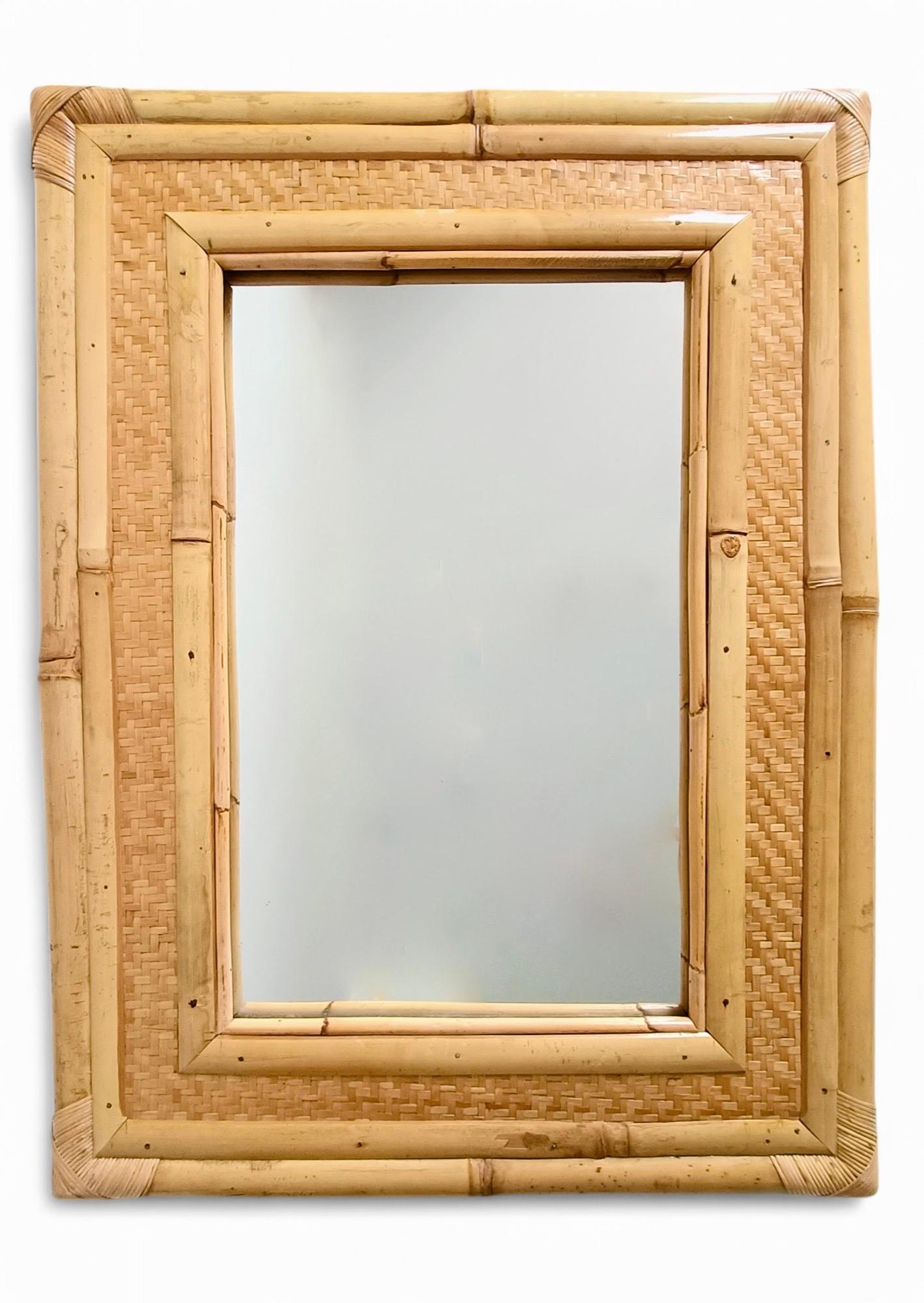 Organic Modern Bamboo Rattan Large Mirror In The Style of Dior Home, 1960s For Sale