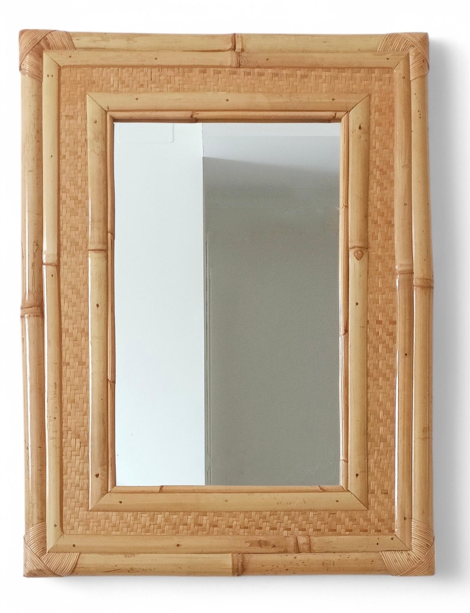 Spanish Bamboo Rattan Large Mirror In The Style of Dior Home, 1960s For Sale