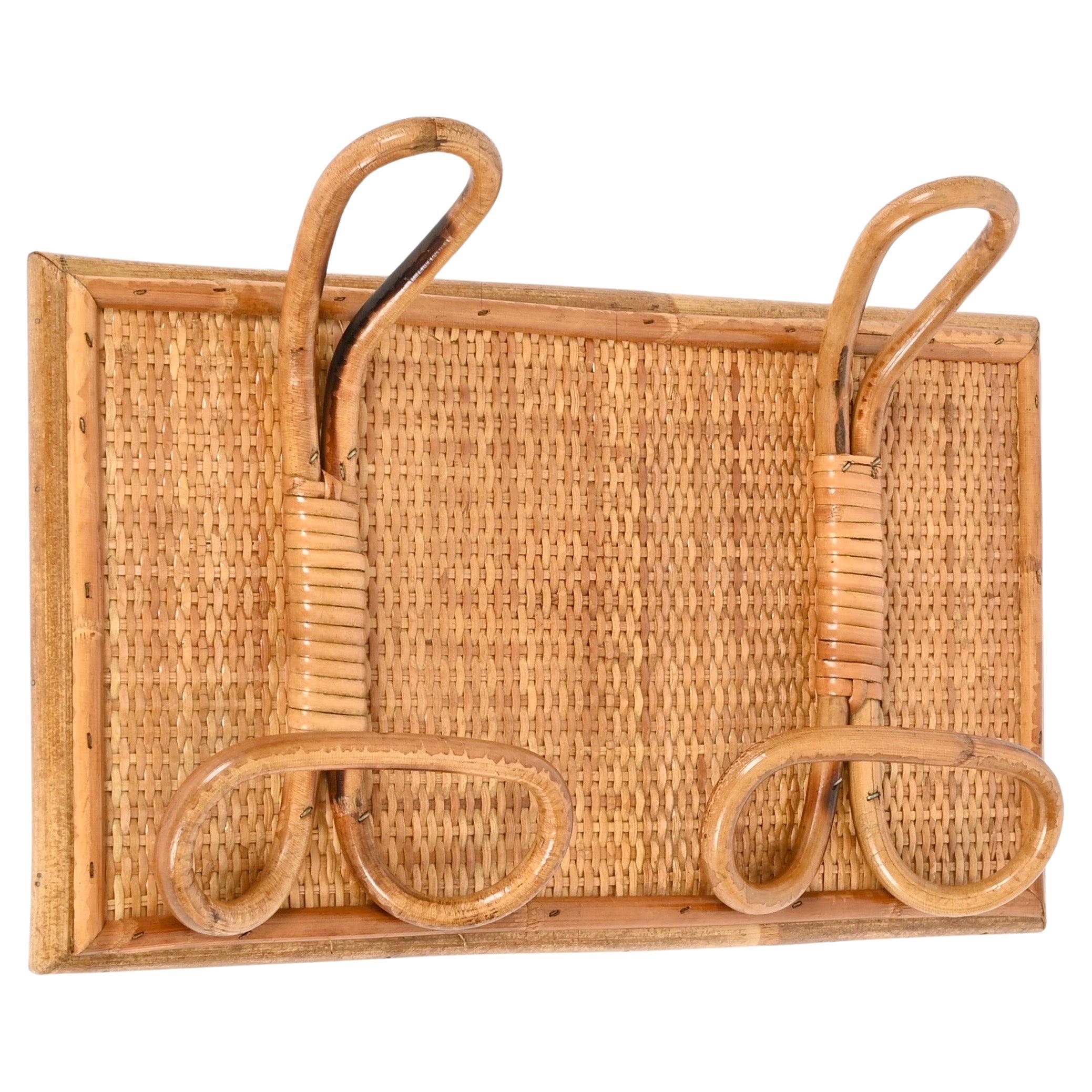 Midcentury French Riviera Bamboo, Rattan and Wicker Coat Rack, Italy, 1960s For Sale