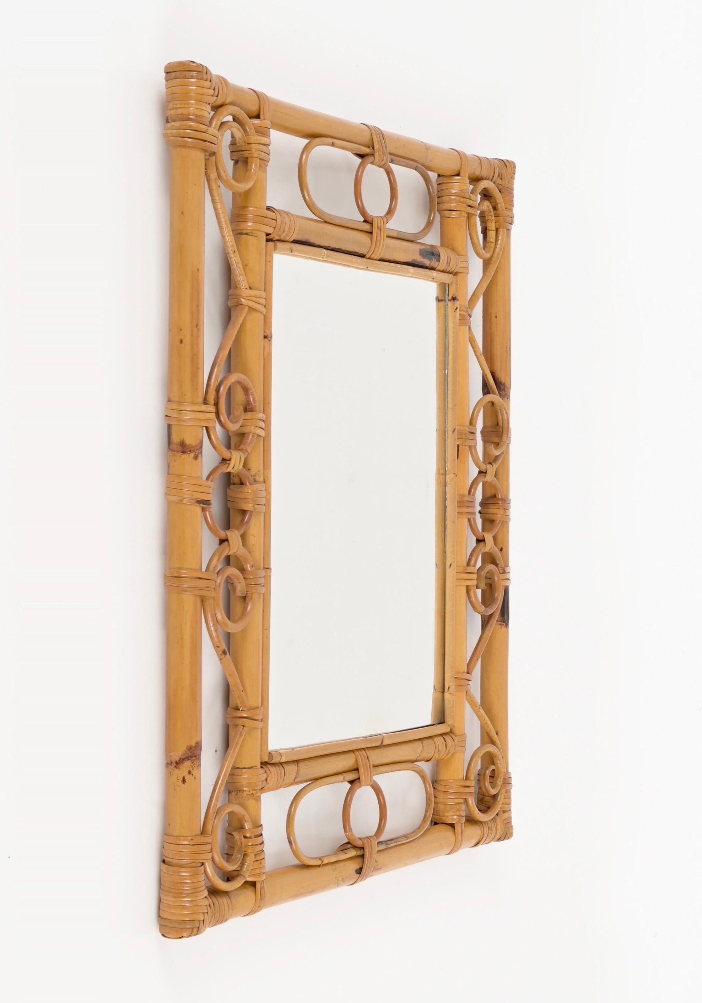 Midcentury French Riviera Bamboo, Rattan, Wicker Rectangular Mirror, Italy 1960s For Sale 4