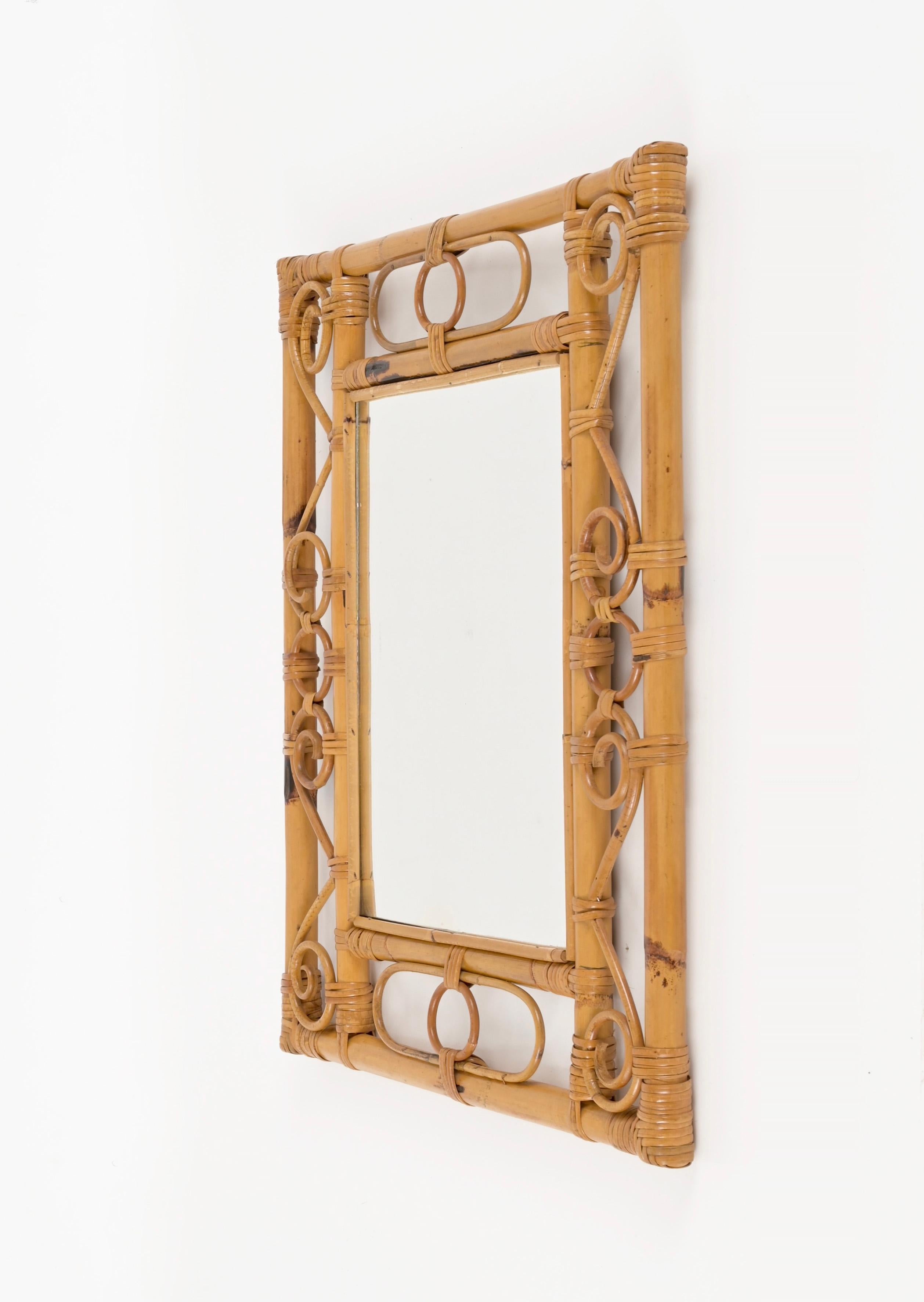 Midcentury French Riviera Bamboo, Rattan, Wicker Rectangular Mirror, Italy 1960s For Sale 6