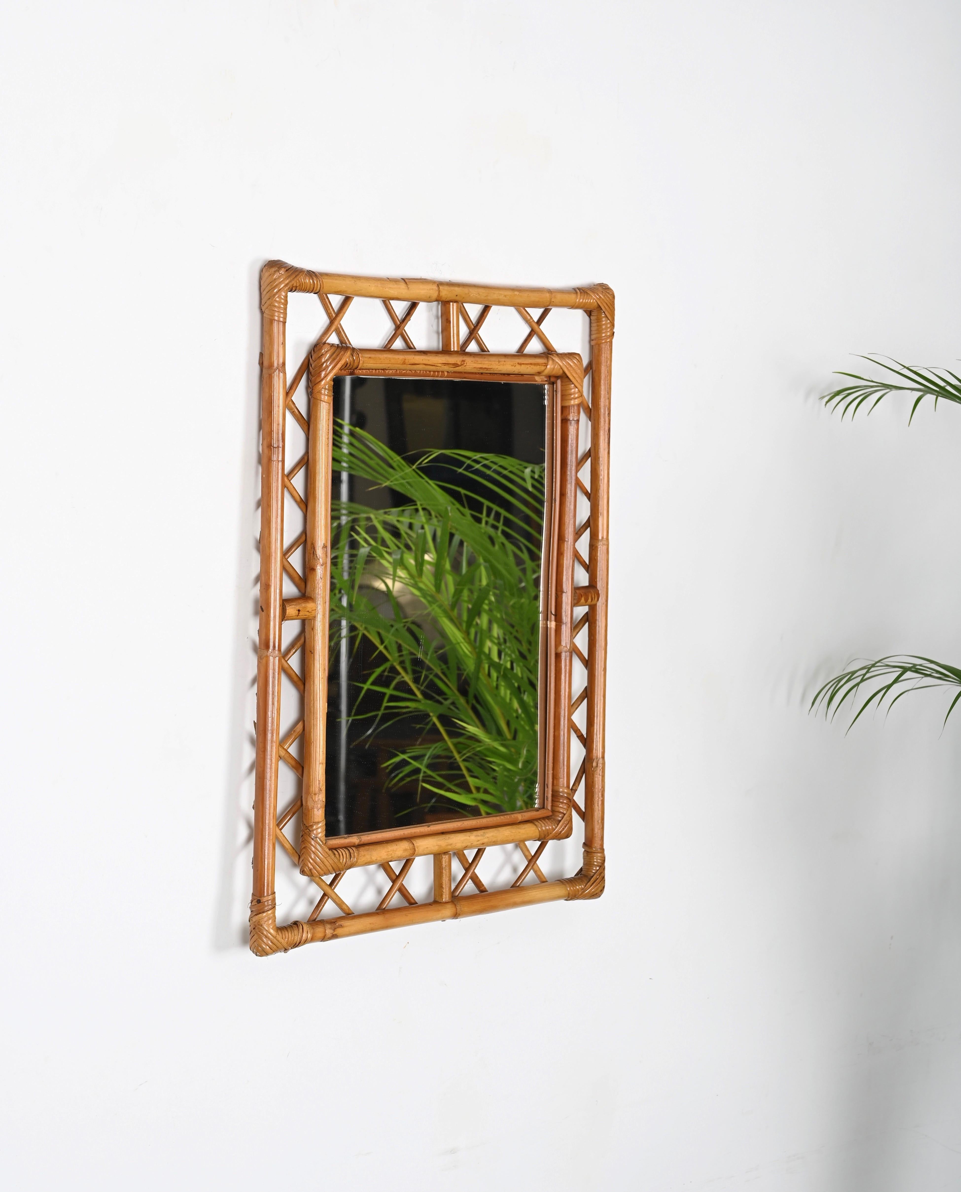 Mid-Century Modern Midcentury French Riviera Bamboo, Rattan, Wicker Rectangular Mirror, Italy 1960s