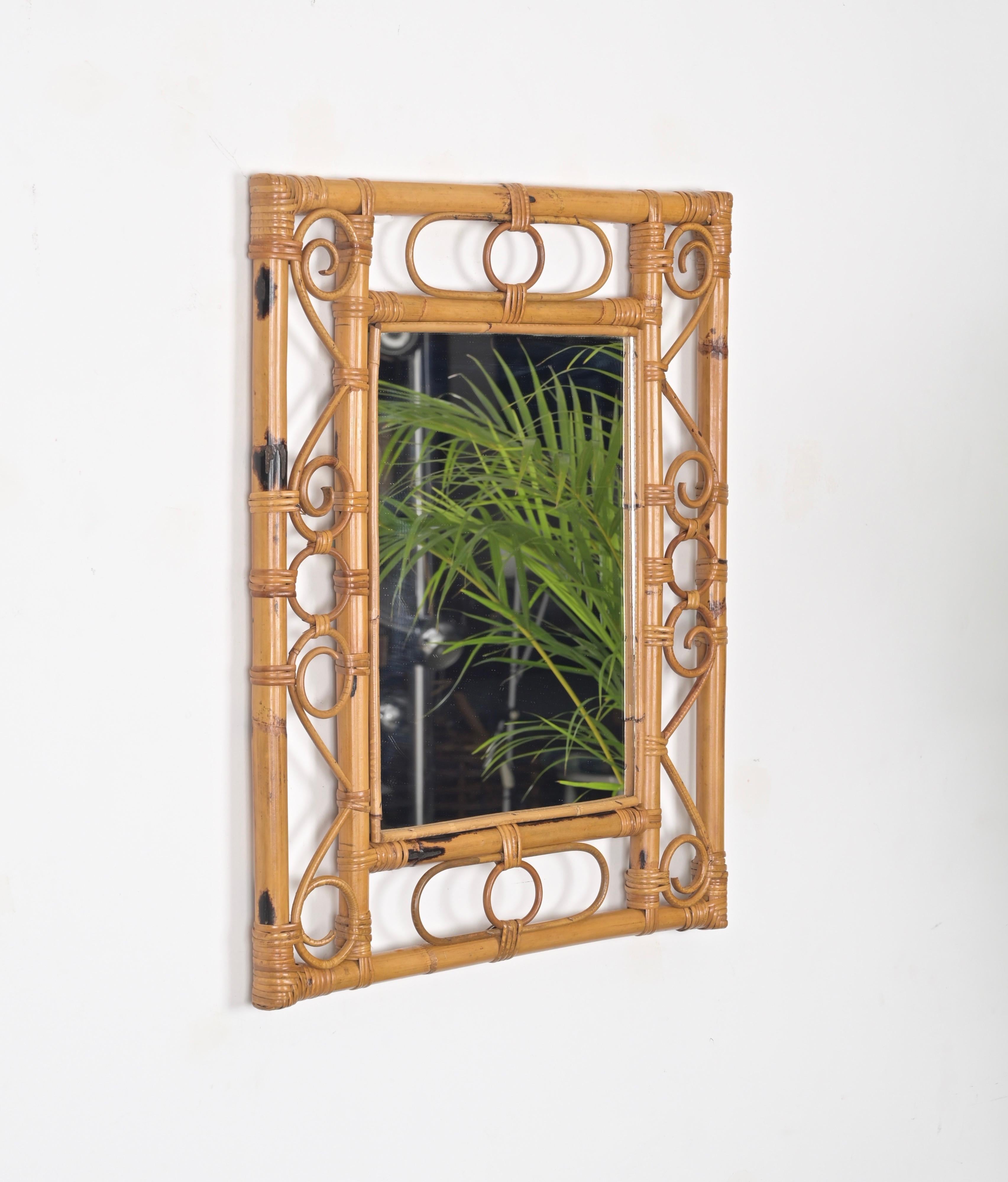 Mid-Century Modern Midcentury French Riviera Bamboo, Rattan, Wicker Rectangular Mirror, Italy 1960s For Sale