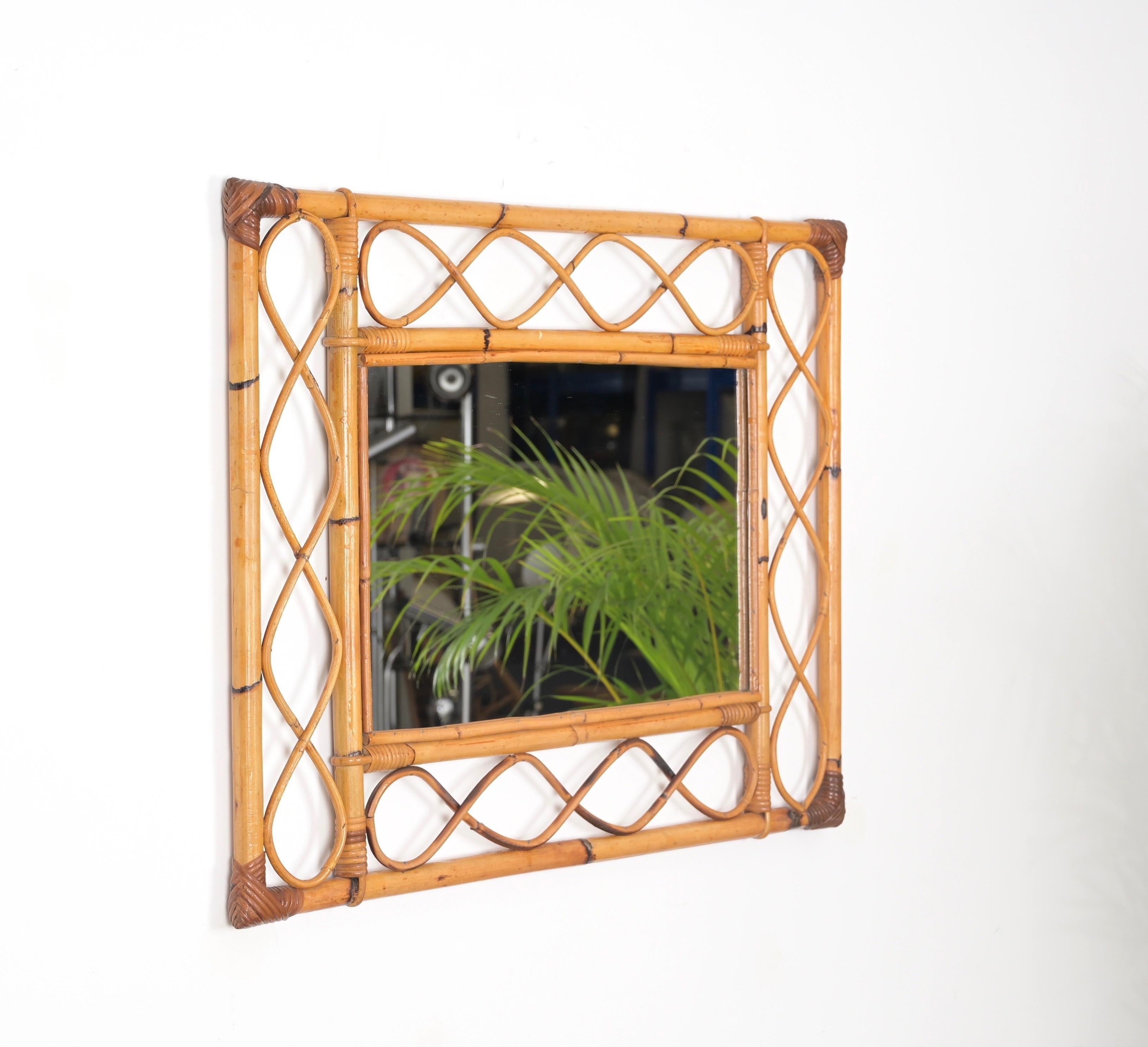 Mid-Century Modern Midcentury French Riviera Bamboo, Rattan, Wicker Rectangular Mirror, Italy 1960s For Sale