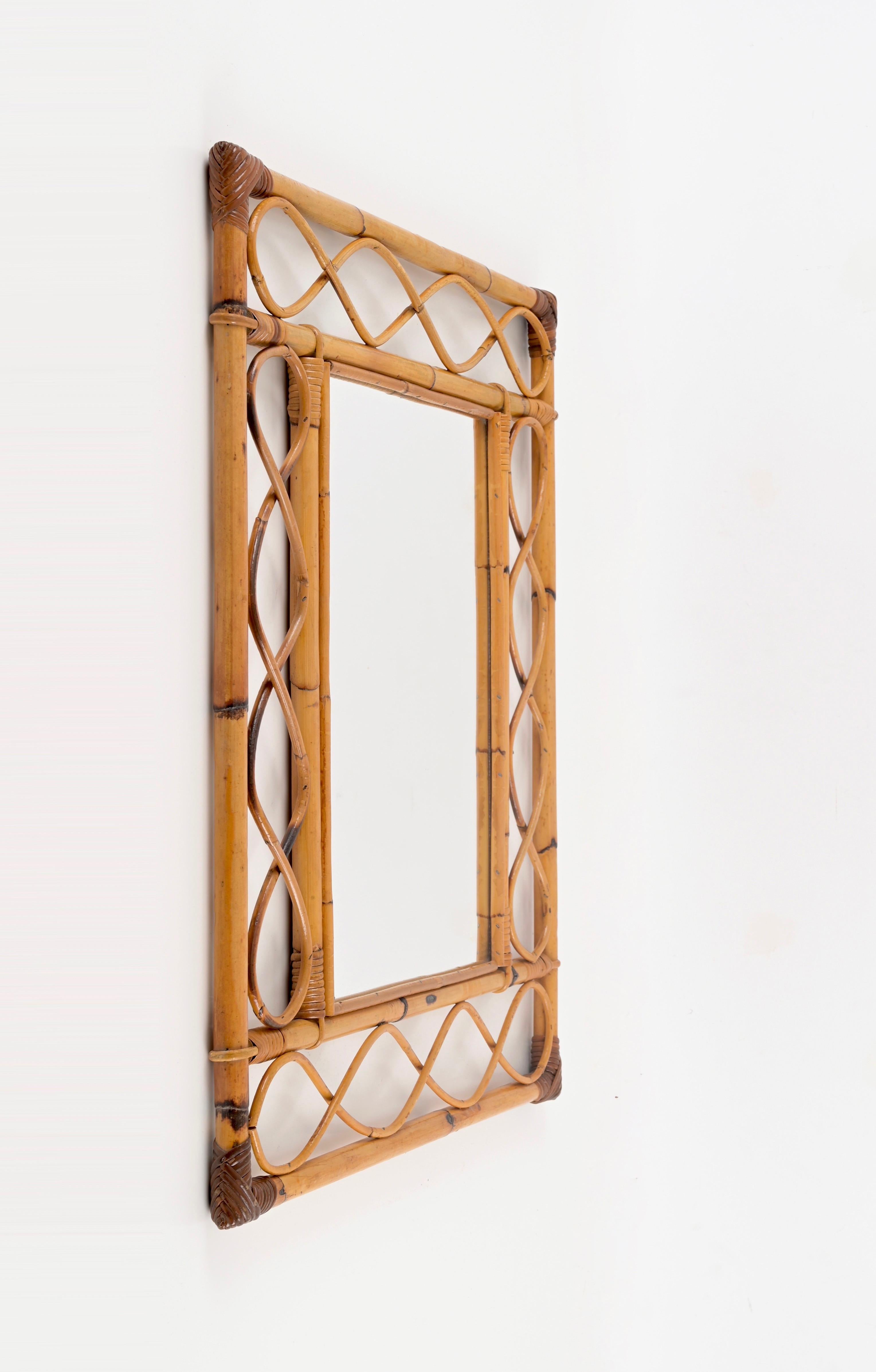 Midcentury French Riviera Bamboo, Rattan, Wicker Rectangular Mirror, Italy 1960s In Good Condition For Sale In Roma, IT