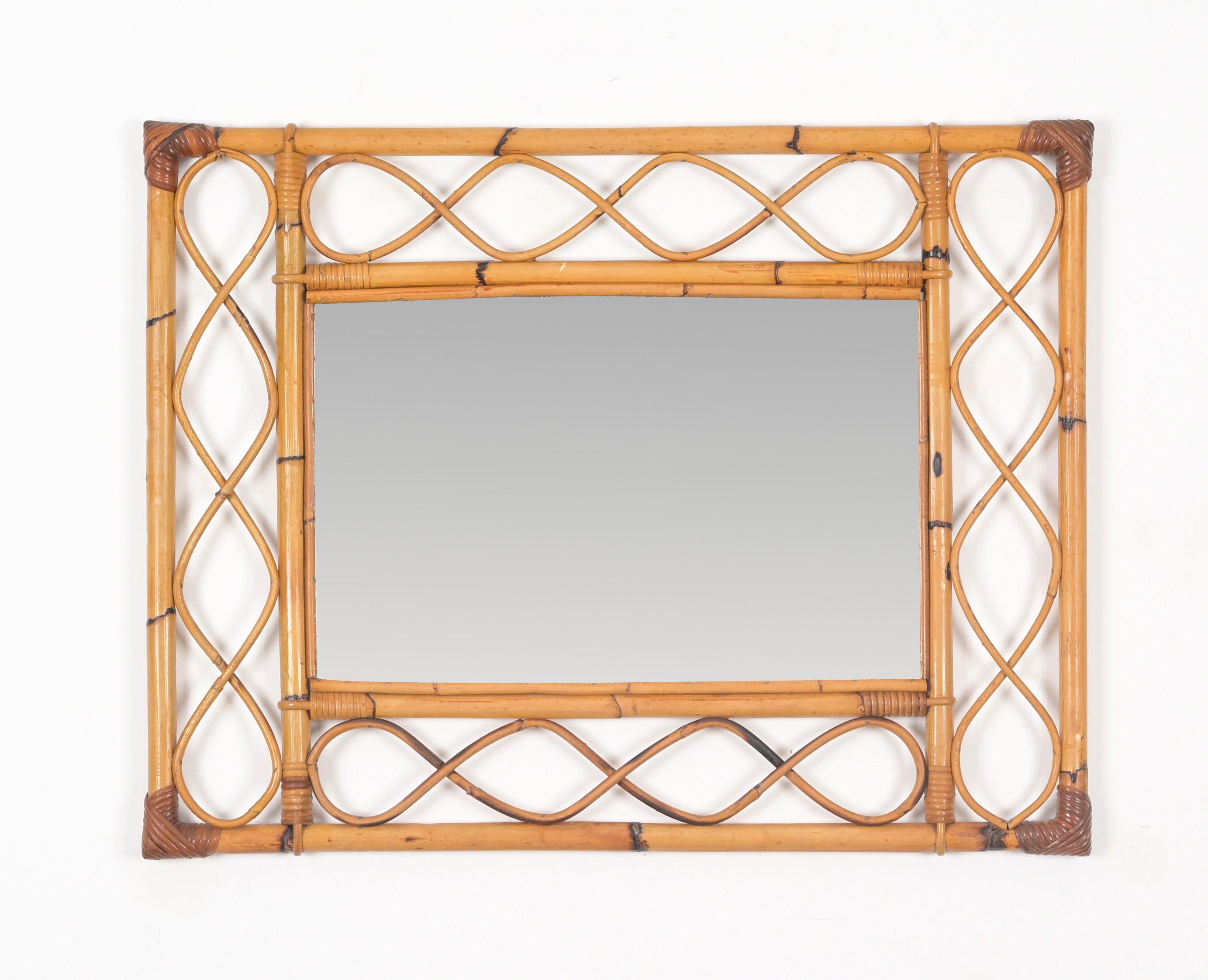 Mid-20th Century Midcentury French Riviera Bamboo, Rattan, Wicker Rectangular Mirror, Italy 1960s For Sale