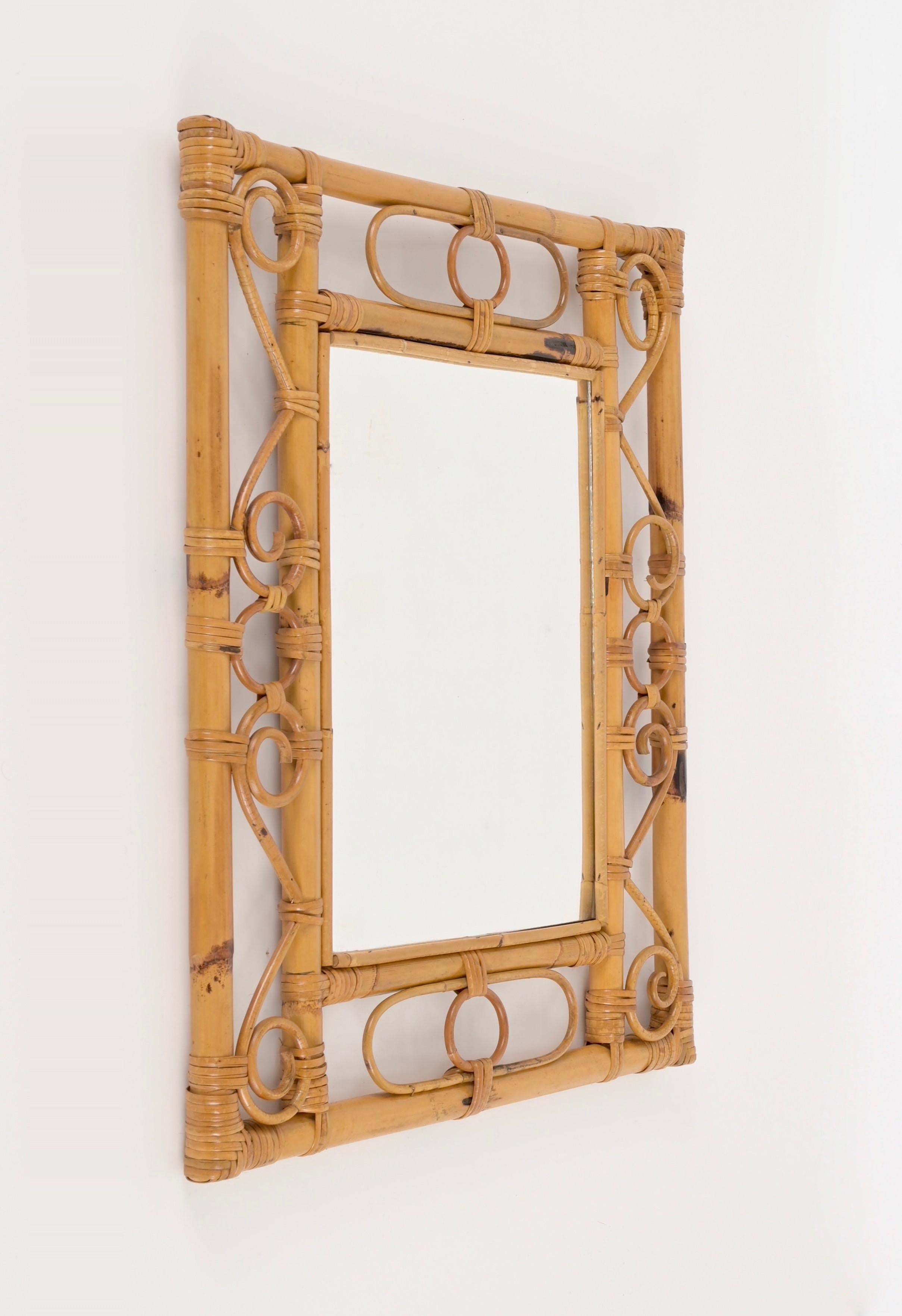 Midcentury French Riviera Bamboo, Rattan, Wicker Rectangular Mirror, Italy 1960s For Sale 1