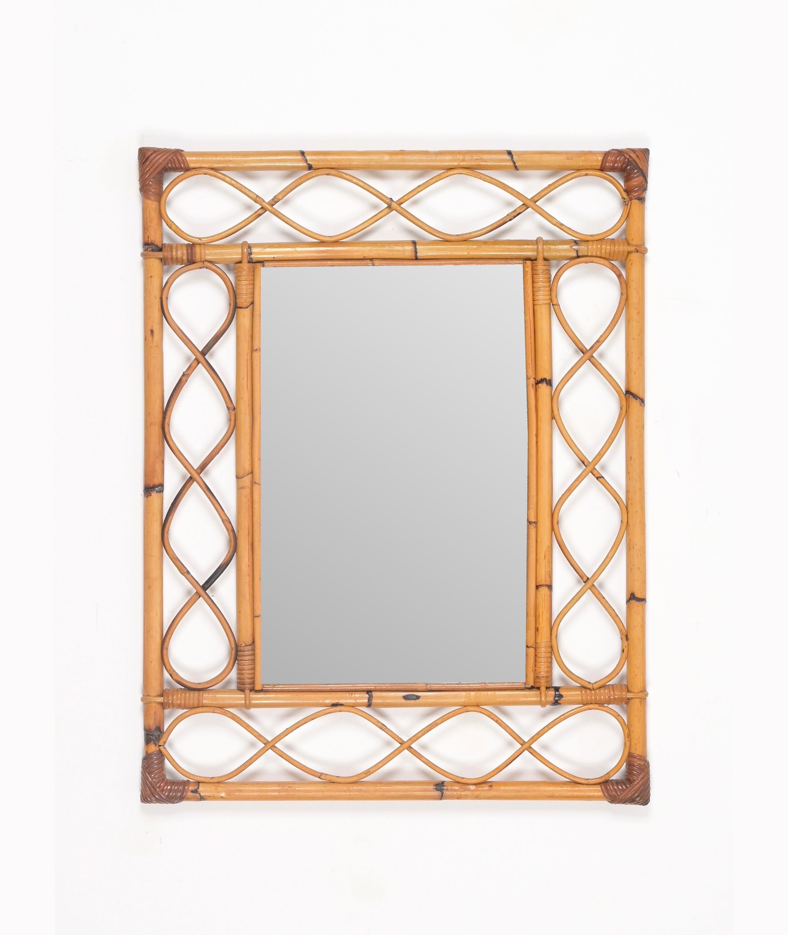 Midcentury French Riviera Bamboo, Rattan, Wicker Rectangular Mirror, Italy 1960s For Sale 1