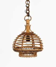 Midcentury French Riviera Chandelier in Bamboo and Rattan, Italy 1960s