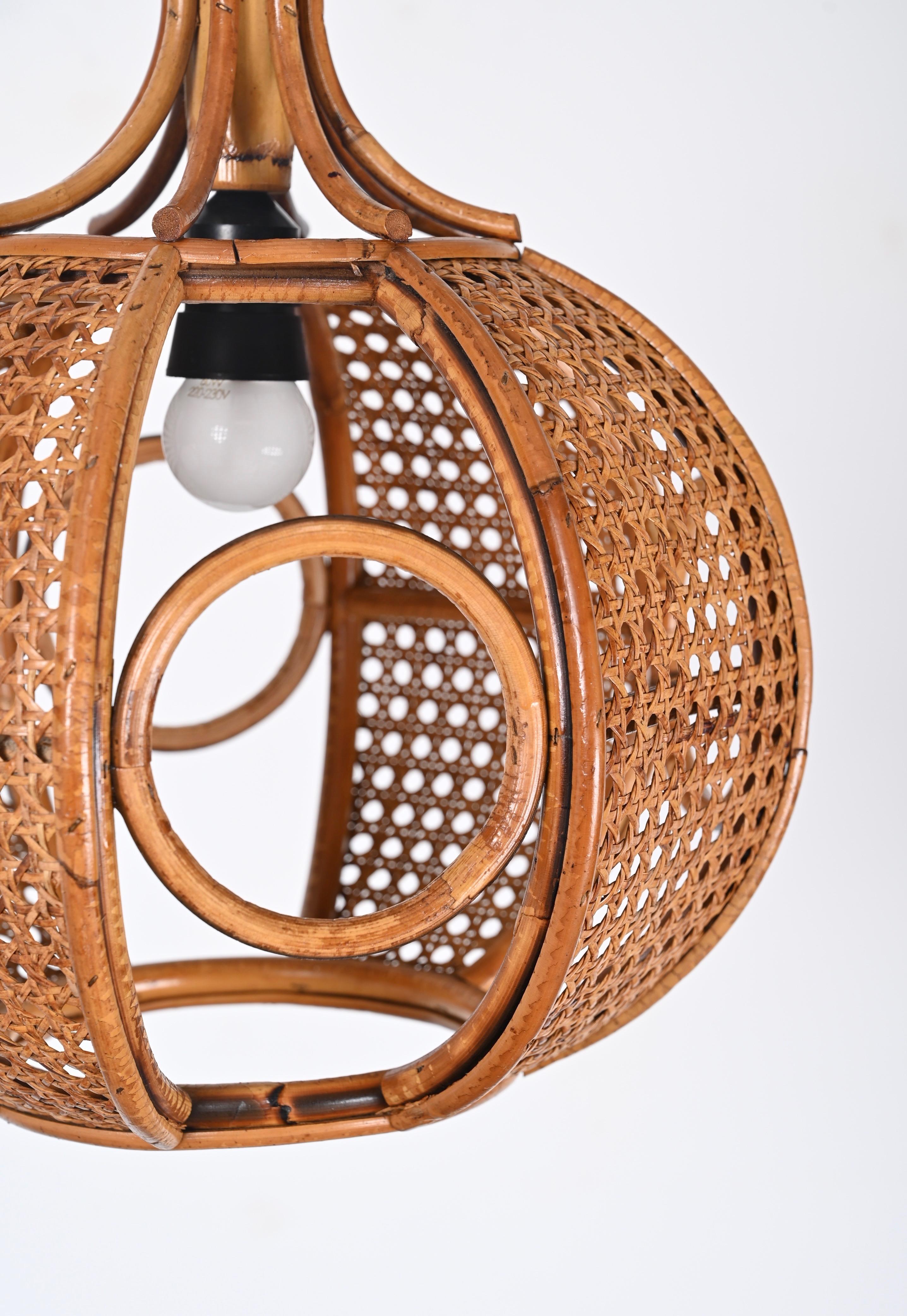 Midcentury French Riviera Chapel Rattan and Wicker Italian Chandelier, 1960s For Sale 3