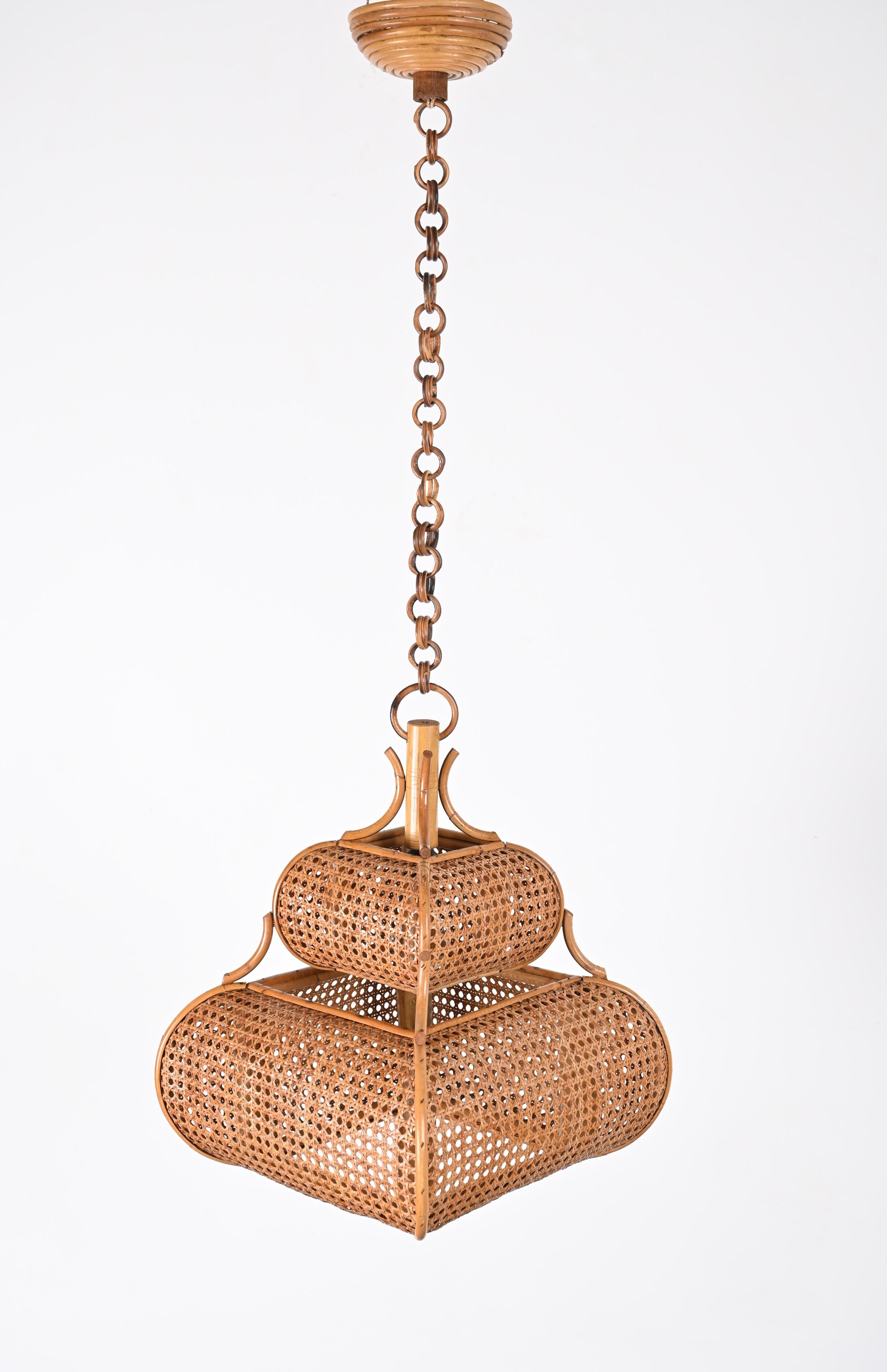 Midcentury French Riviera Chapel Rattan and Wicker Italian Chandelier, 1960s 6