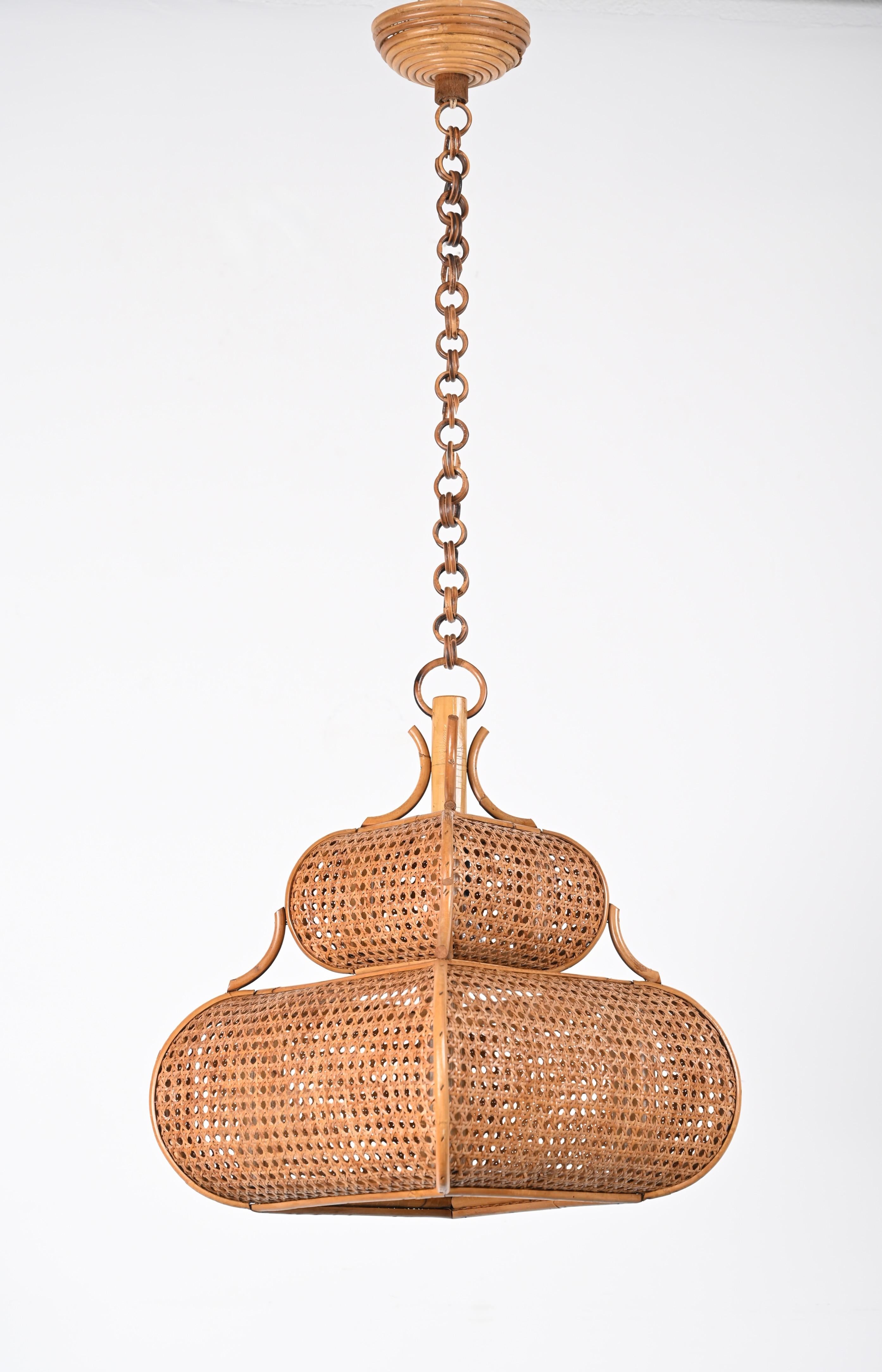 Midcentury French Riviera Chapel Rattan and Wicker Italian Chandelier, 1960s 7