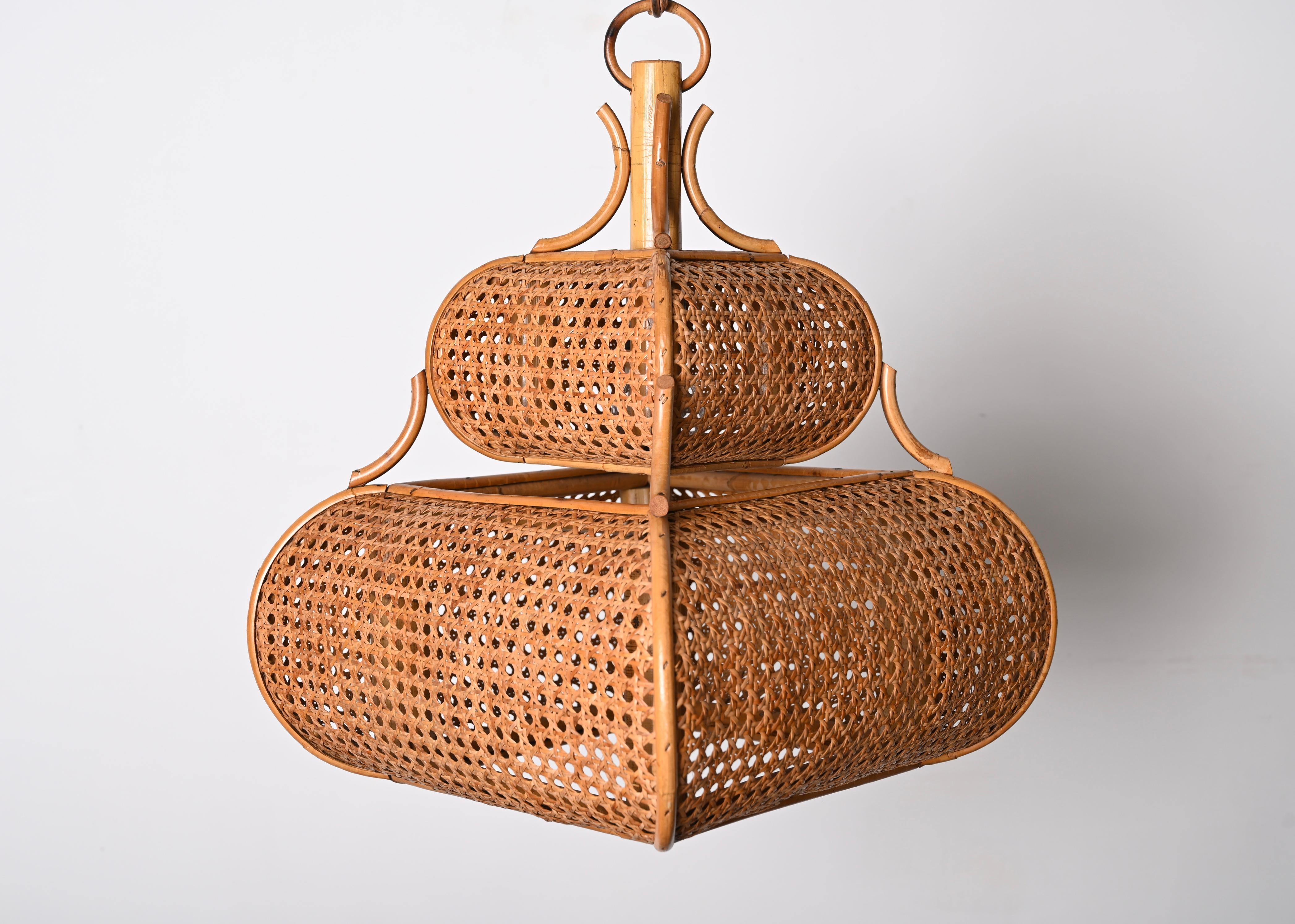 Midcentury French Riviera Chapel Rattan and Wicker Italian Chandelier, 1960s 8