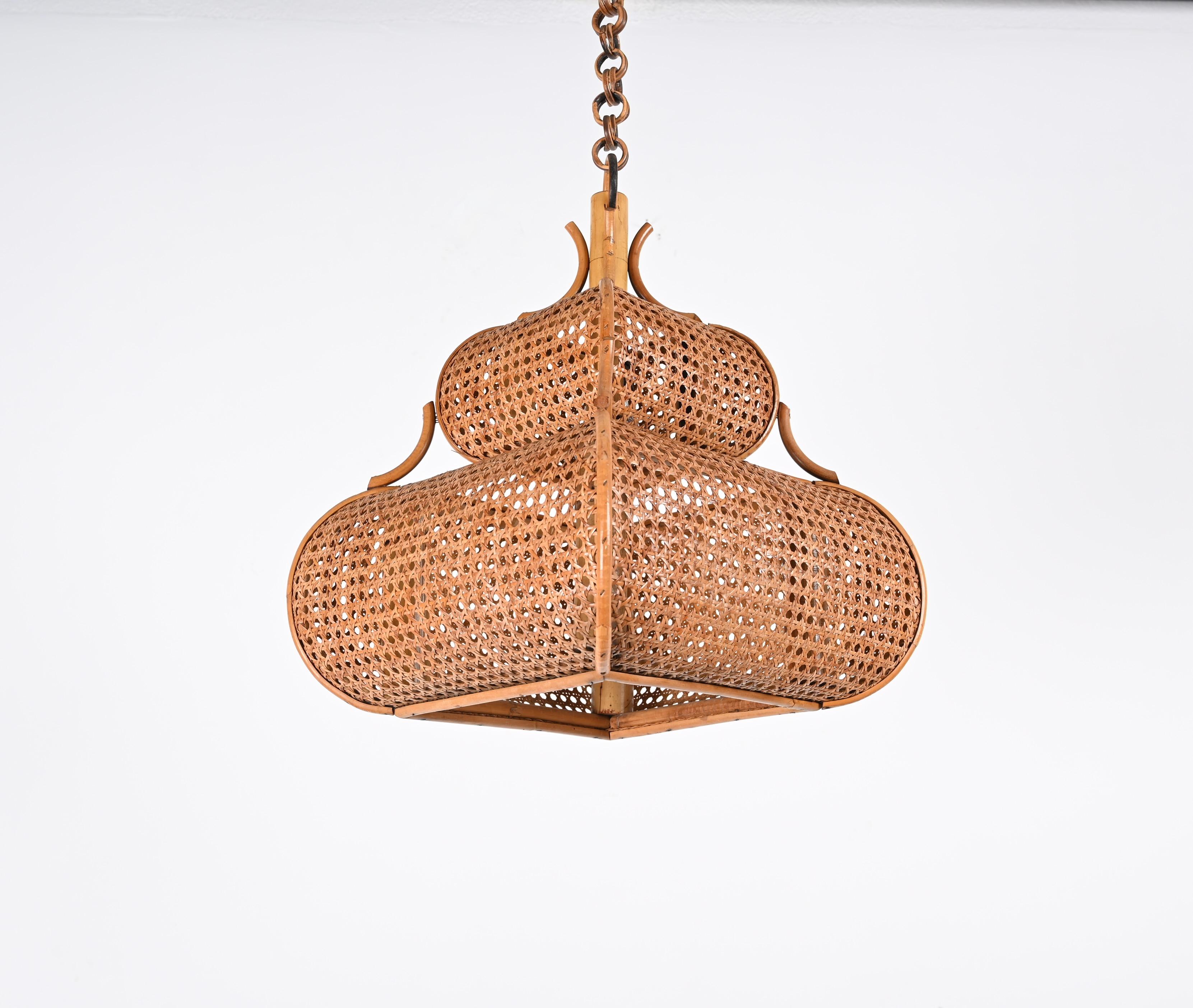 Hand-Woven Midcentury French Riviera Chapel Rattan and Wicker Italian Chandelier, 1960s