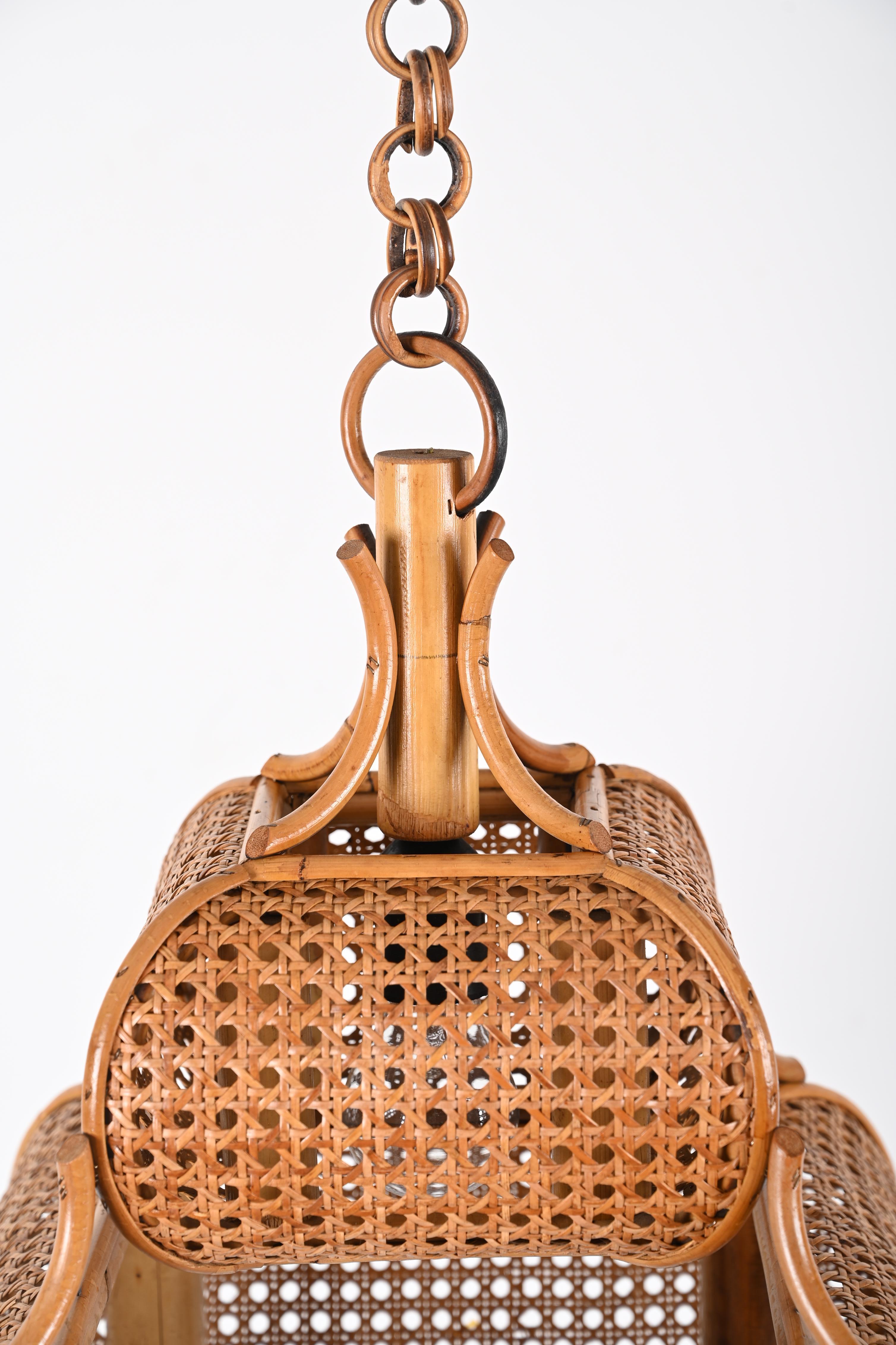 20th Century Midcentury French Riviera Chapel Rattan and Wicker Italian Chandelier, 1960s